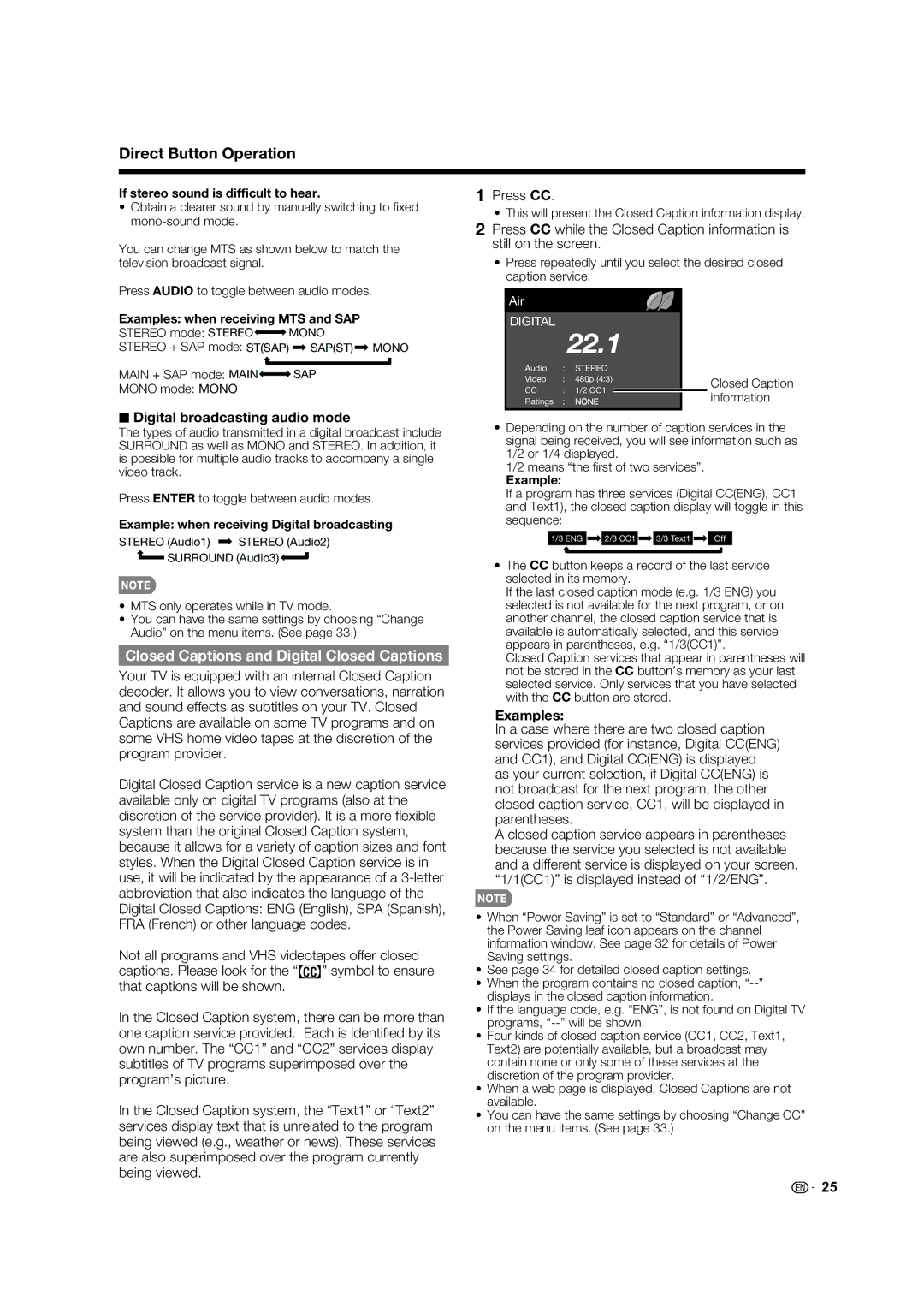 Sharp 70LE847U, 80LE844U Closed Captions and Digital Closed Captions, Press CC, Digital broadcasting audio mode, Examples 