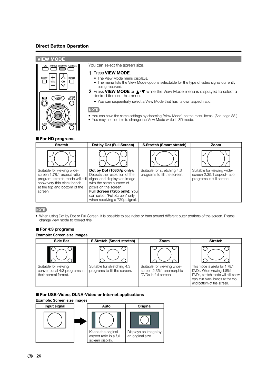 Sharp 60LE847U, 80LE844U, 70LE745U You can select the screen size, Press View Mode, For HD programs, For 43 programs 