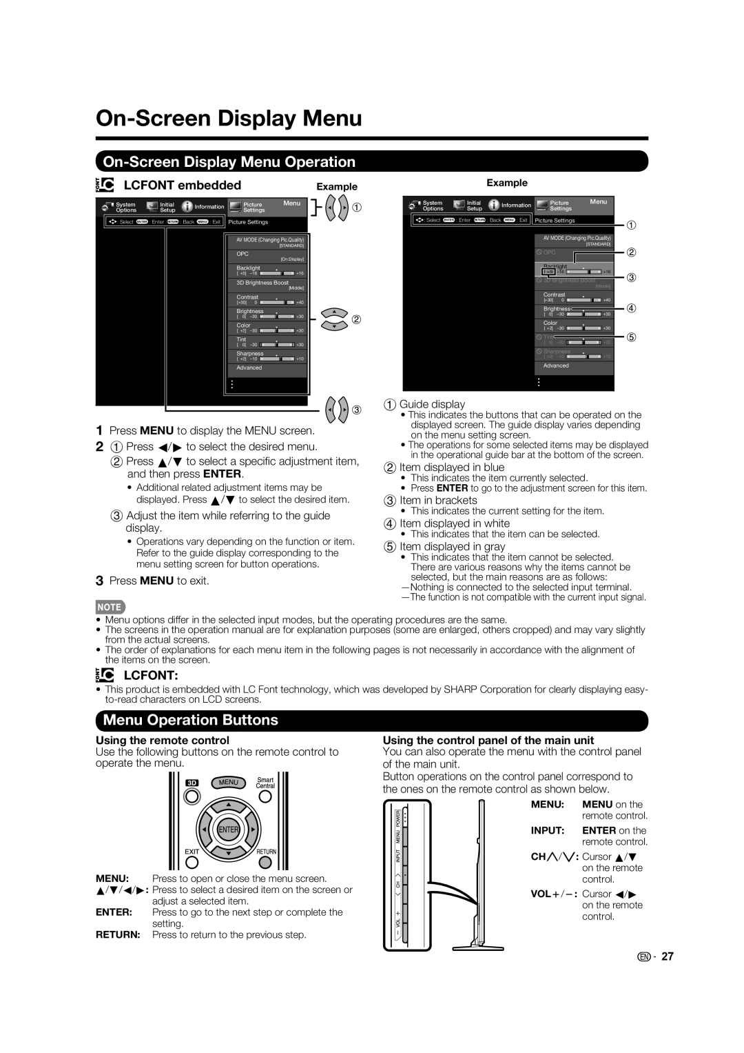 Sharp 60LE745U, 80LE844U, 70LE745U, 70LE847U On-Screen Display Menu Operation, Menu Operation Buttons, Lcfont embedded 