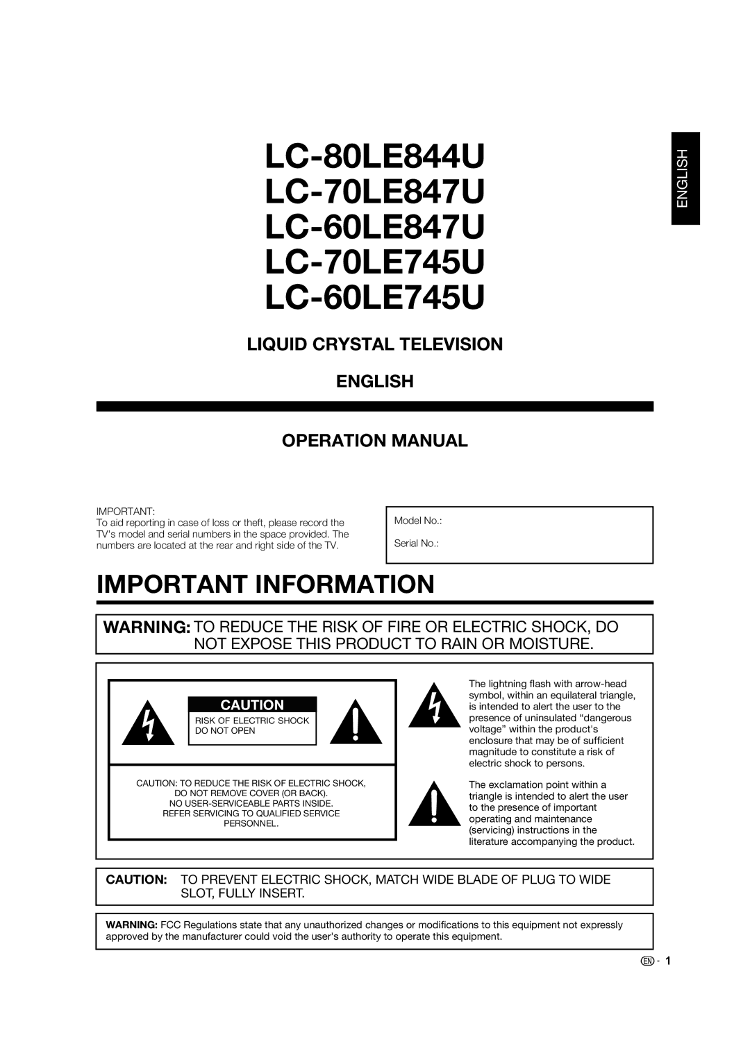 Sharp 60LE847U, 80LE844U, 70LE745U, 70LE847U, 60LE745U Model No, To aid reporting in case of loss or theft, please record 