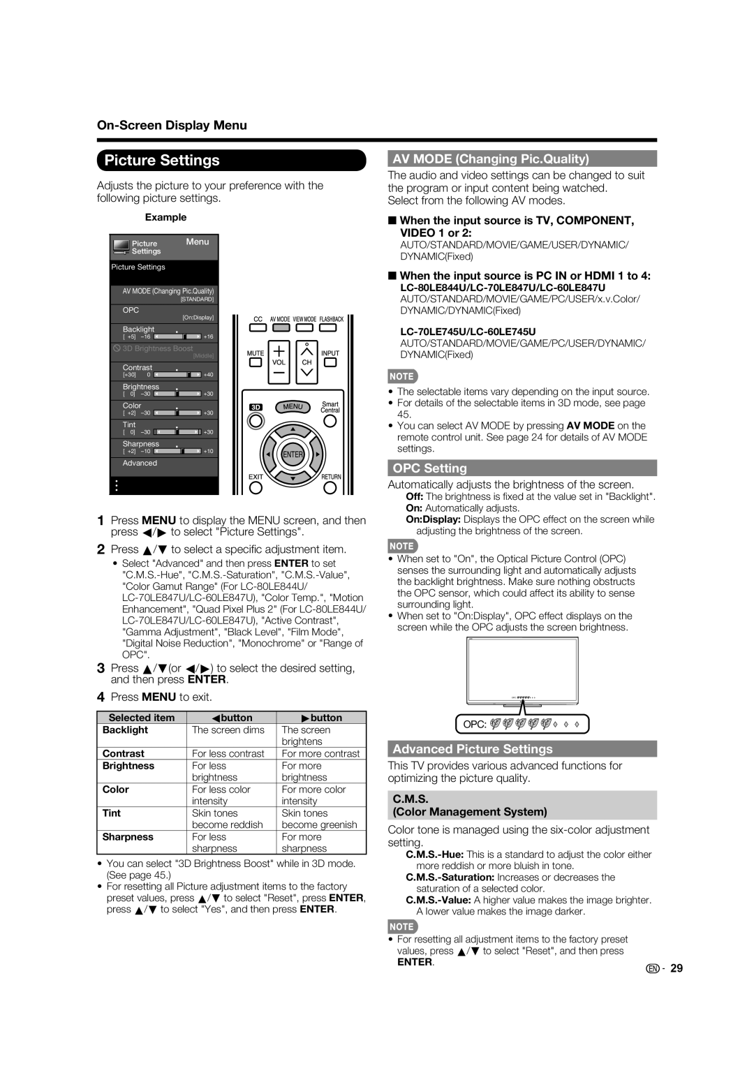 Sharp 70LE745U, 80LE844U, 70LE847U, 60LE847U AV Mode Changing Pic.Quality, OPC Setting, Advanced Picture Settings 