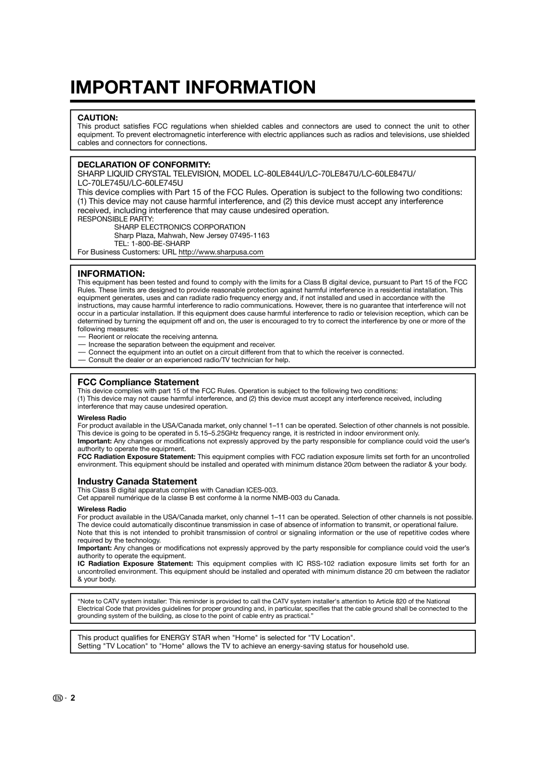 Sharp 60LE745U, 80LE844U, 70LE745U, 70LE847U, 60LE847U operation manual FCC Compliance Statement, Industry Canada Statement 