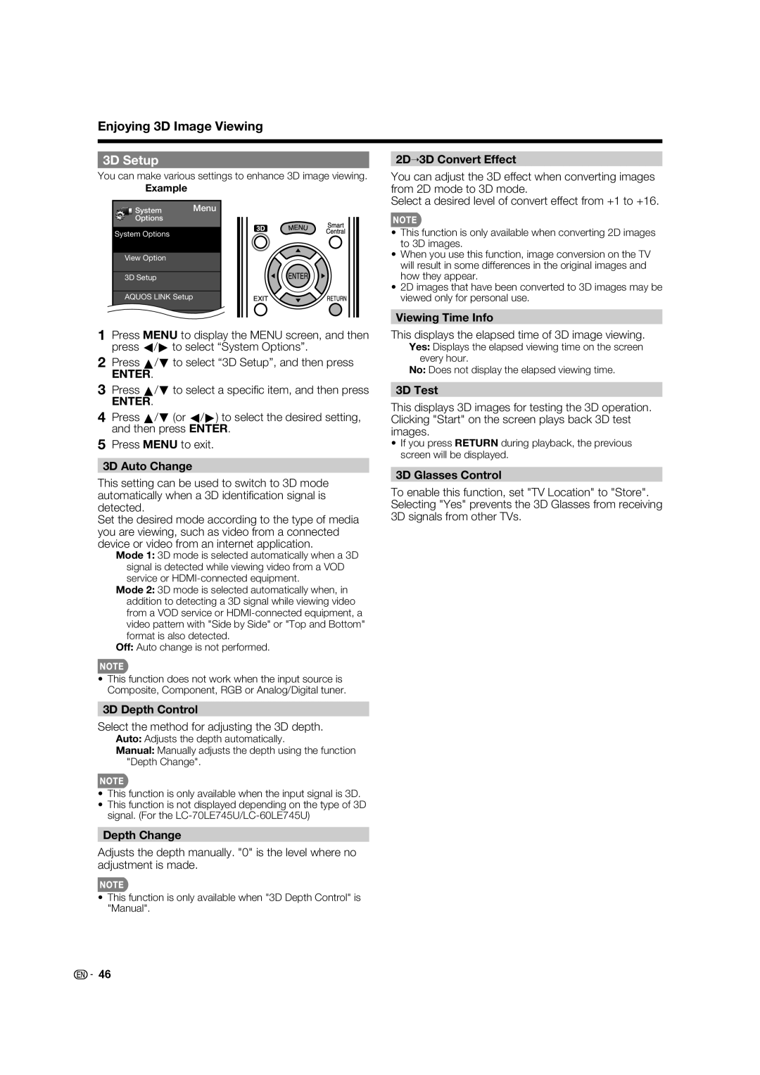 Sharp 60LE847U, 80LE844U, 70LE745U, 70LE847U, 60LE745U operation manual 3D Setup 