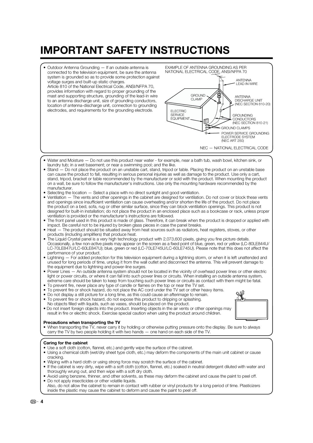 Sharp 70LE745U, 80LE844U, 70LE847U, 60LE847U, 60LE745U Precautions when transporting the TV, Caring for the cabinet 