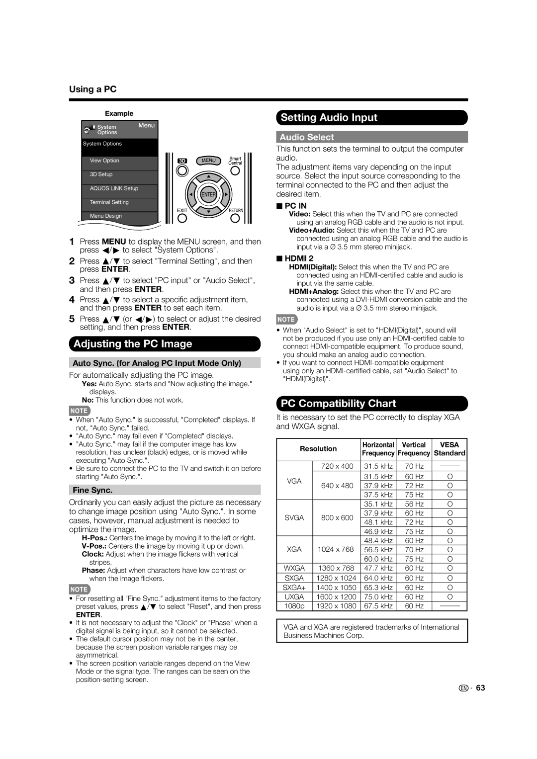 Sharp 80LE844U, 70LE745U Adjusting the PC Image, Setting Audio Input, PC Compatibility Chart, Using a PC, Audio Select 