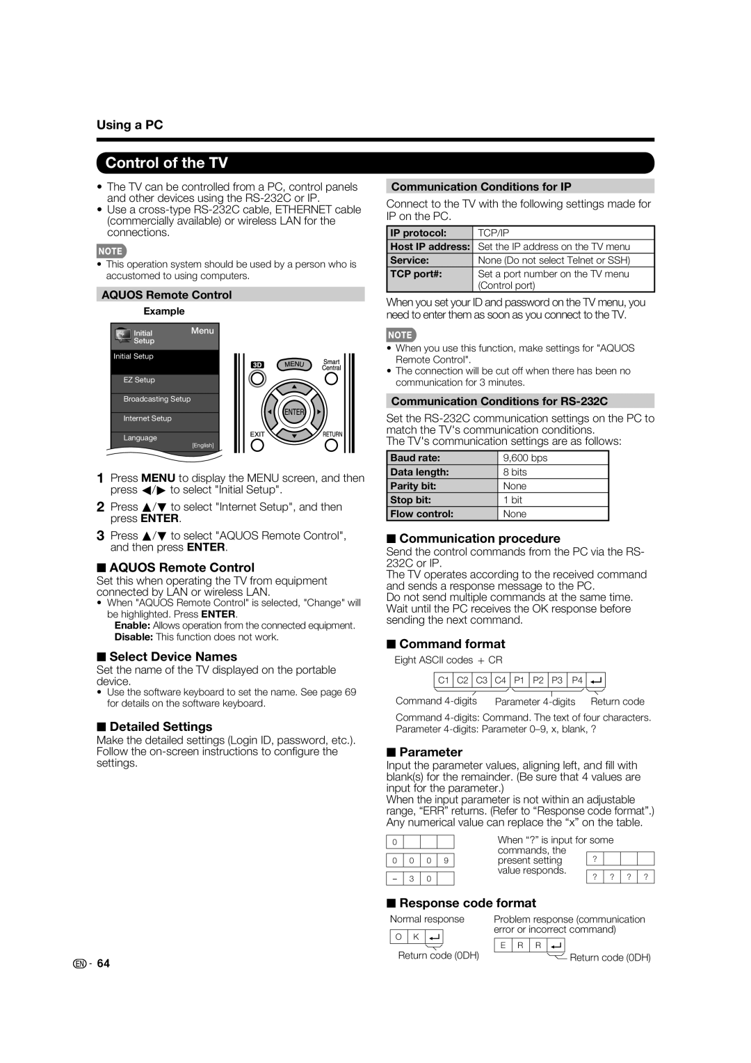 Sharp 70LE745U, 80LE844U, 70LE847U, 60LE847U, 60LE745U operation manual Control of the TV 