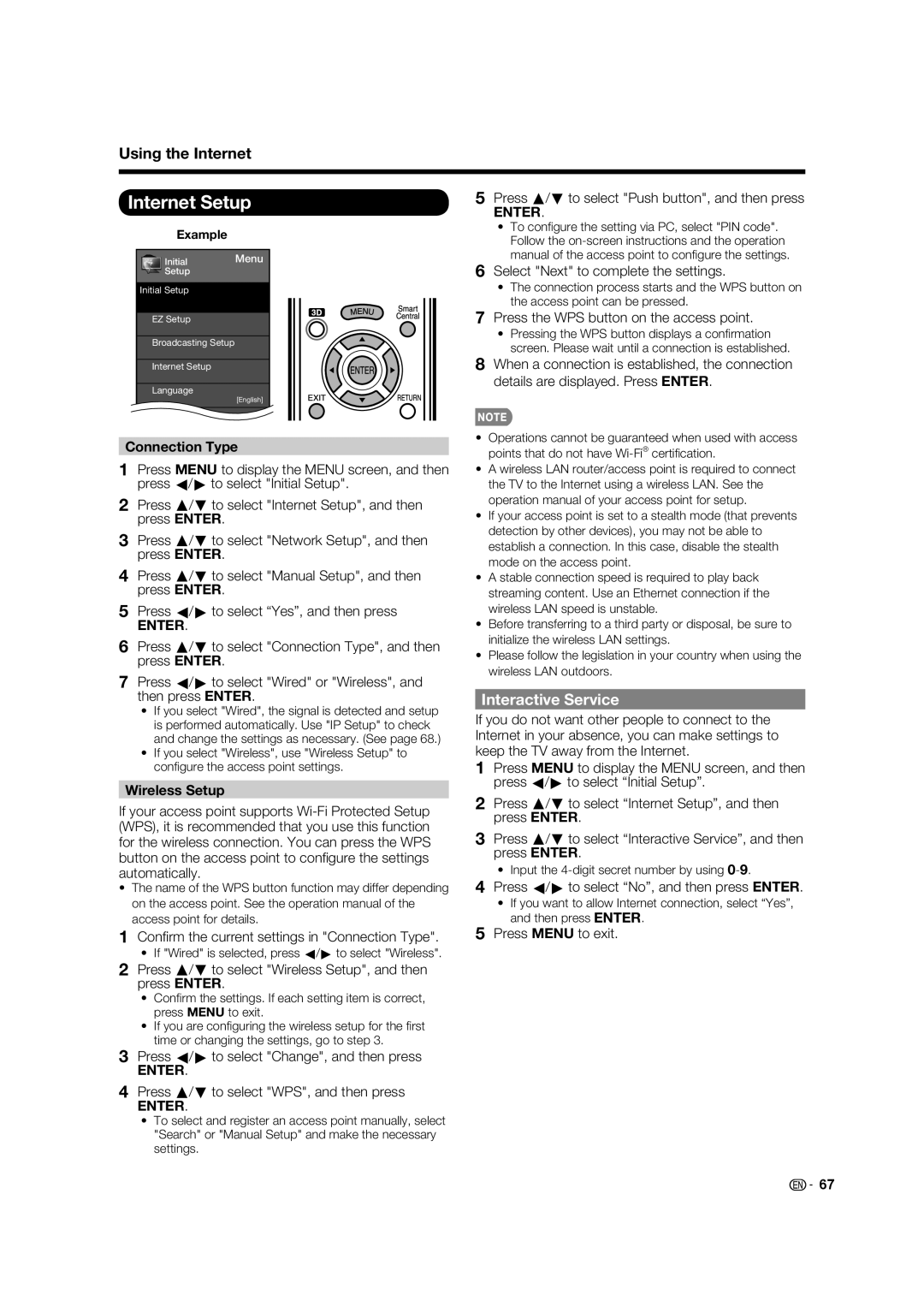 Sharp 60LE745U, 80LE844U, 70LE745U Internet Setup, Using the Internet, Interactive Service, Connection Type, Wireless Setup 