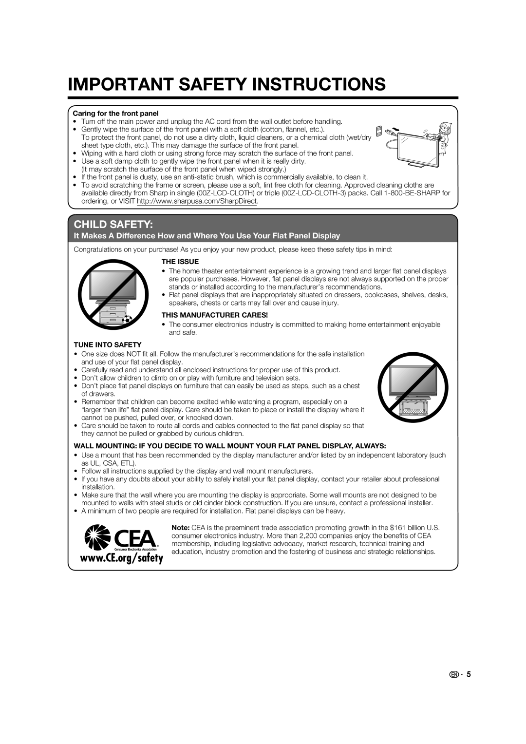 Sharp 70LE847U, 80LE844U, 70LE745U, 60LE847U, 60LE745U operation manual Child Safety, Caring for the front panel 