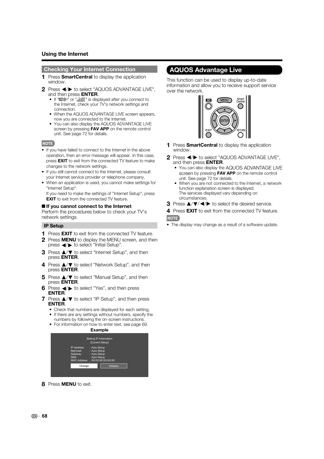 Sharp 80LE844U Aquos Advantage Live, Checking Your Internet Connection, +If you cannot connect to the Internet, IP Setup 