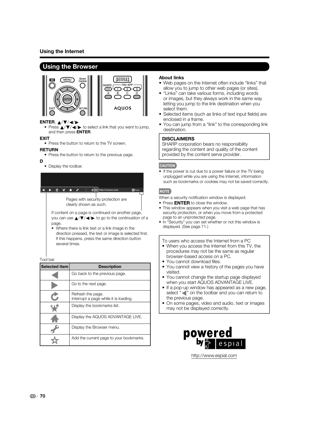 Sharp 70LE847U Using the Browser, About links, ENTER, a/b/c/d, Press the button to return to the TV screen, Selected item 