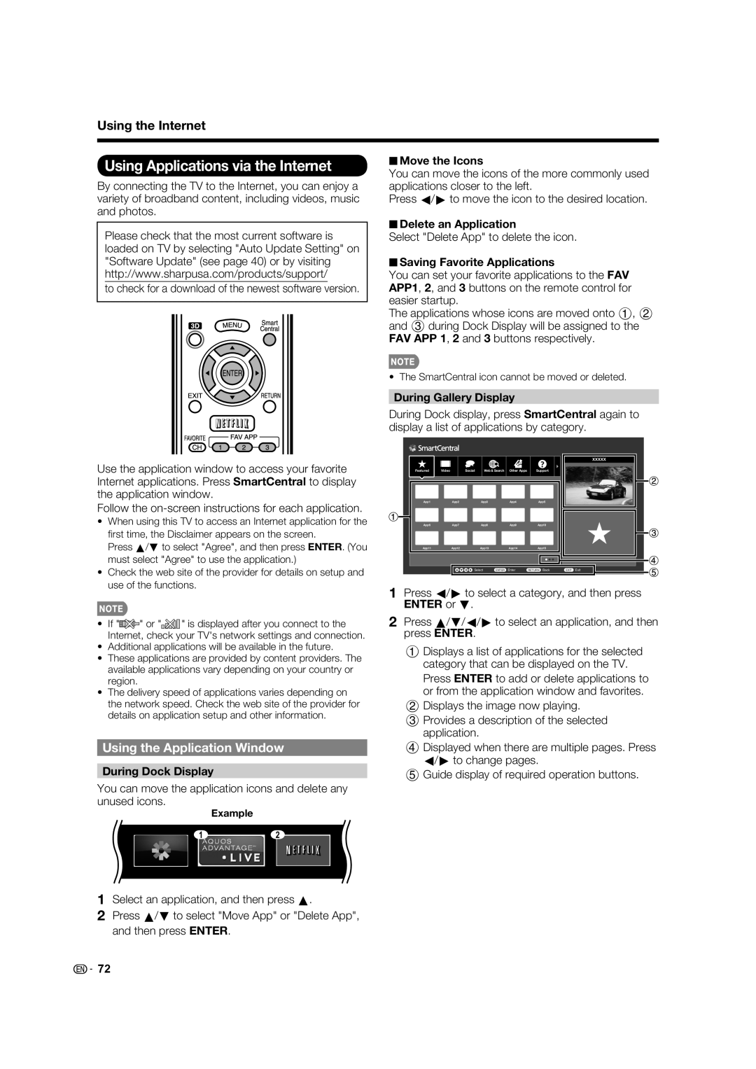 Sharp 60LE745U, 80LE844U, 70LE745U, 70LE847U, 60LE847U Using Applications via the Internet, Using the Application Window 