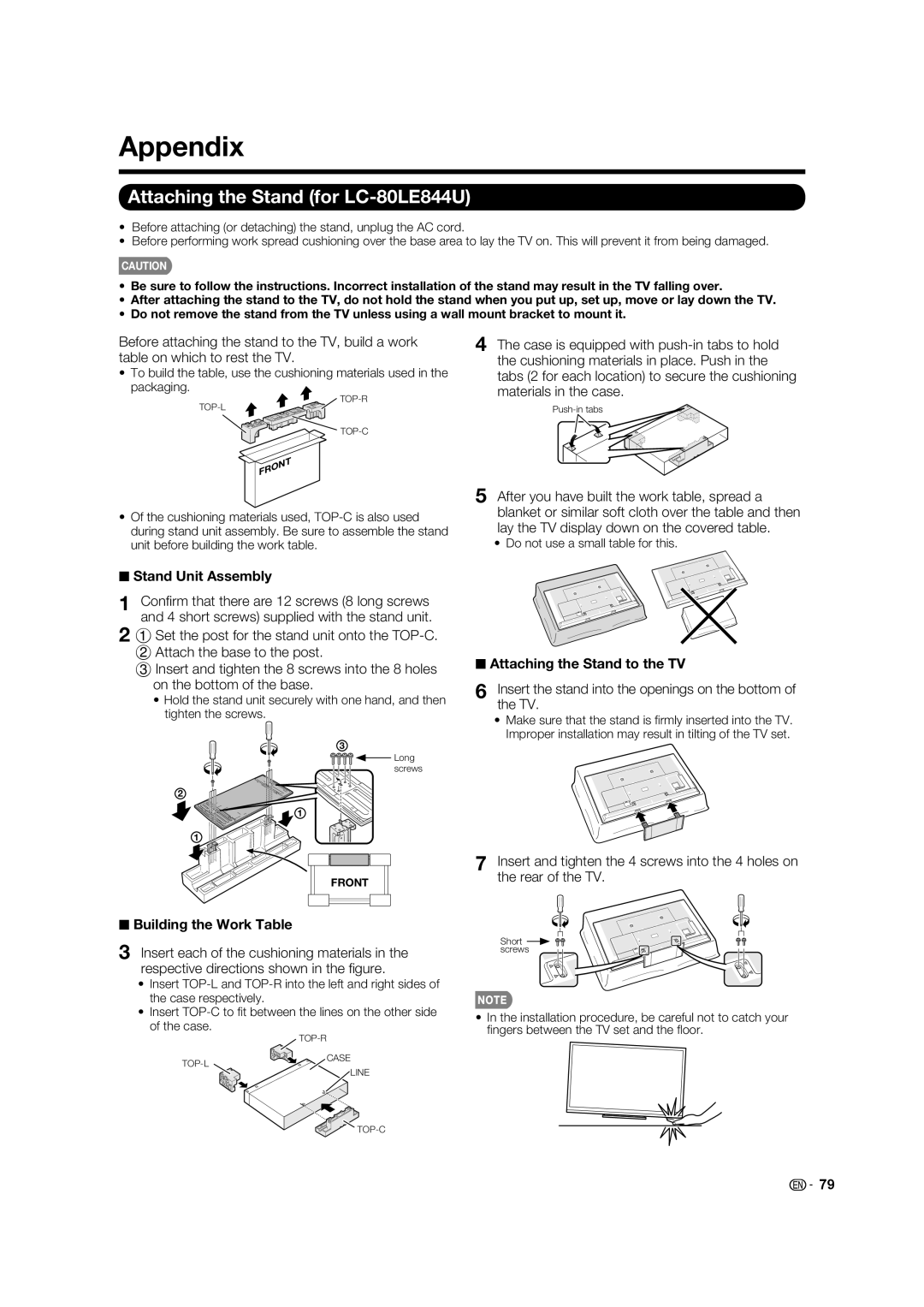 Sharp 70LE745U, 70LE847U Appendix, Attaching the Stand for LC-80LE844U, Stand Unit Assembly, Attaching the Stand to the TV 