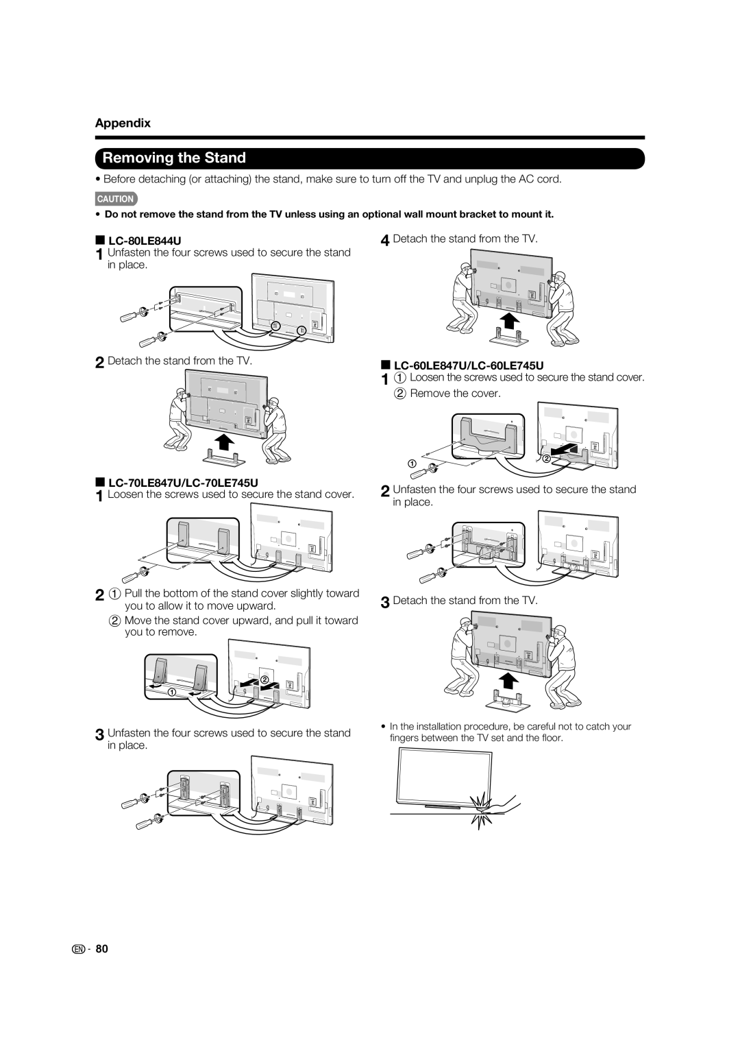 Sharp 70LE847U, 80LE844U, 70LE745U operation manual Appendix, Detach the stand from the TV, LC-60LE847U/LC-60LE745U 