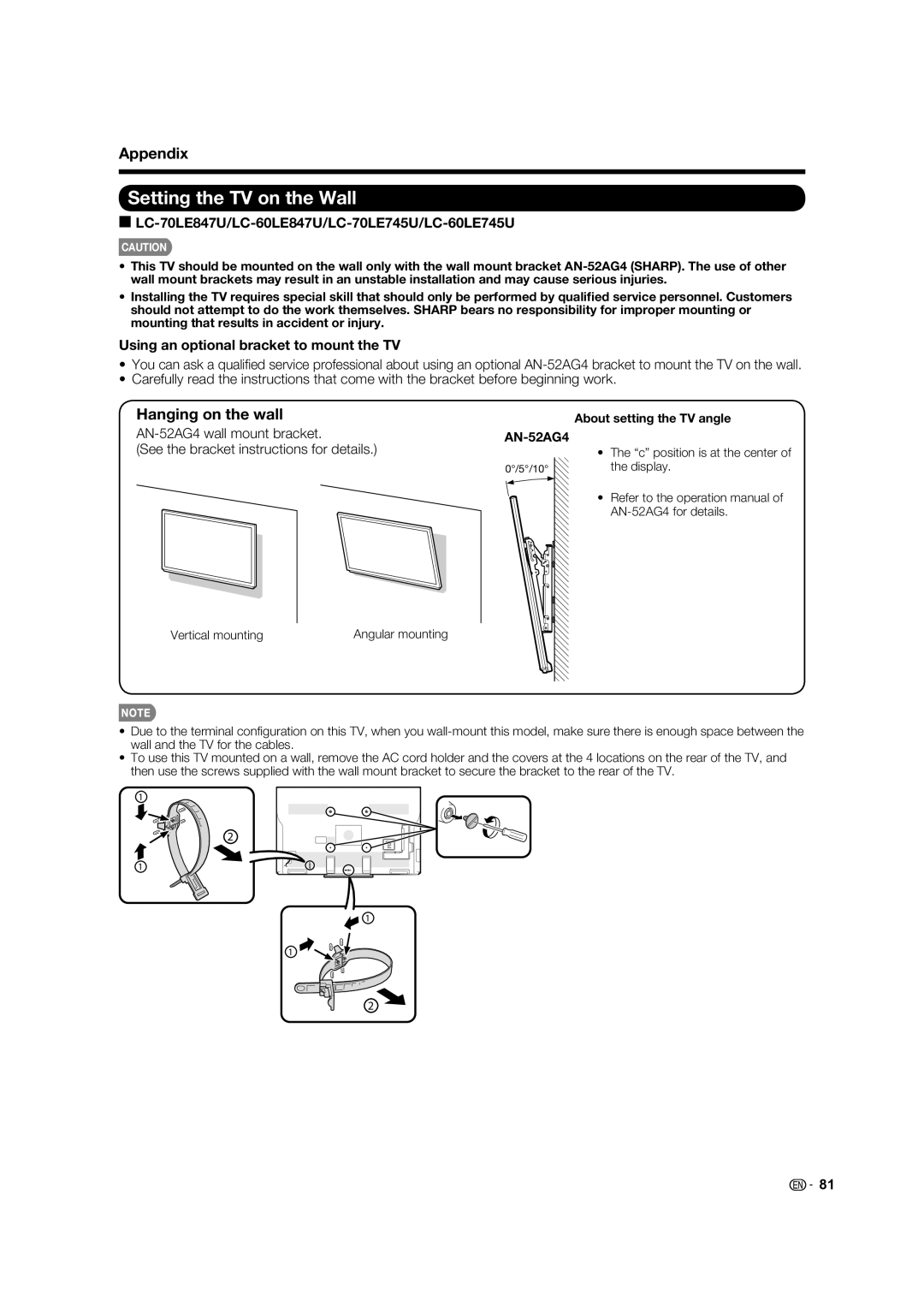 Sharp 80LE844U Setting the TV on the Wall, Hanging on the wall, LC-70LE847U/LC-60LE847U/LC-70LE745U/LC-60LE745U 