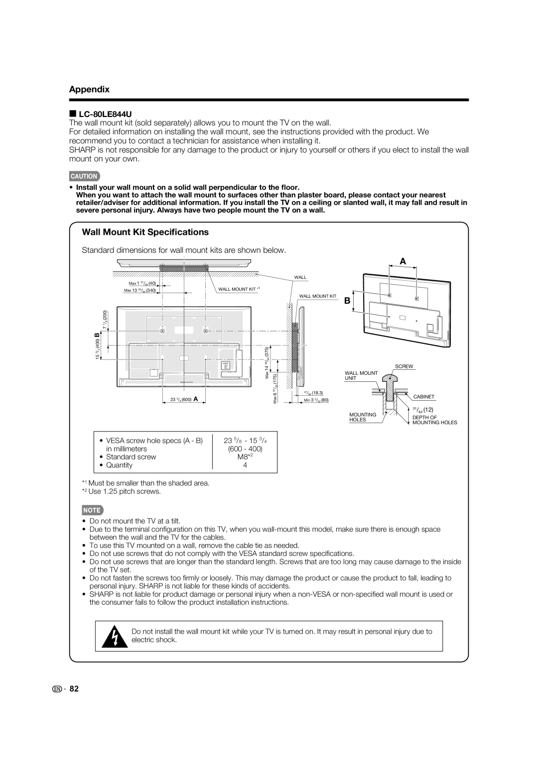 Sharp 60LE745U, 80LE844U, 70LE745U, 70LE847U, 60LE847U Wall Mount Kit Speciﬁcations, Standard dimensions for wall mount 