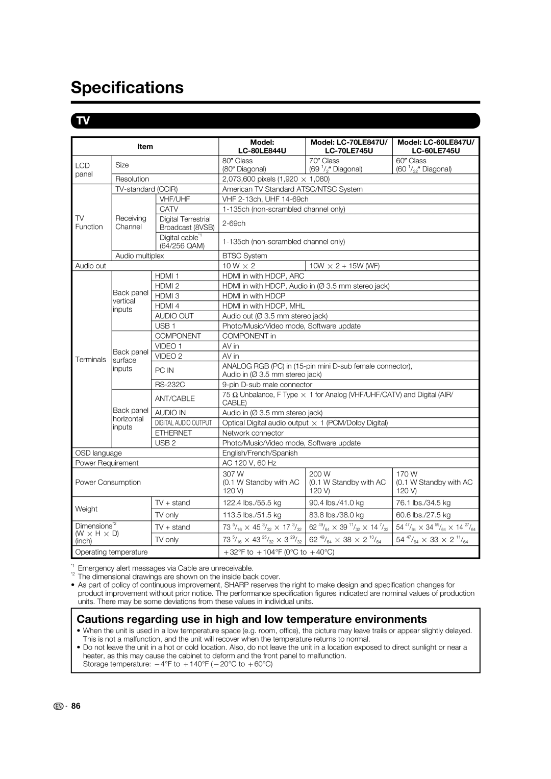 Sharp 60LE847U, 80LE844U, 70LE745U, 70LE847U, 60LE745U operation manual Speciﬁcations 