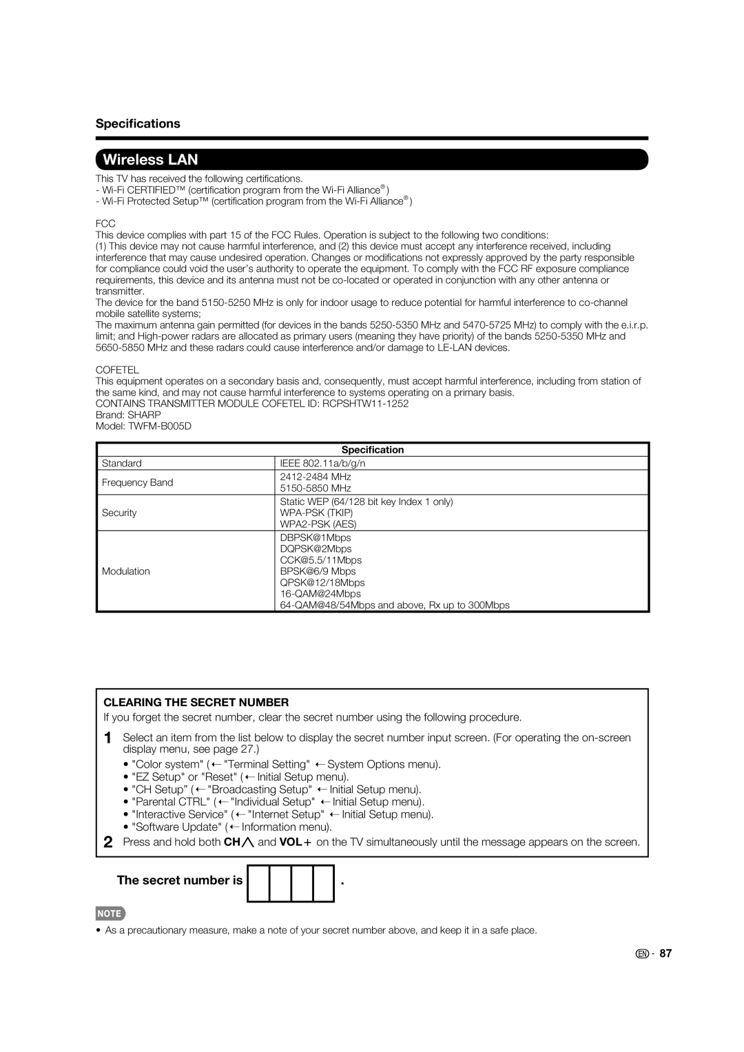 Sharp 60LE745U, 80LE844U, 70LE745U, 70LE847U, 60LE847U operation manual Wireless LAN, Speciﬁcations, Secret number is 