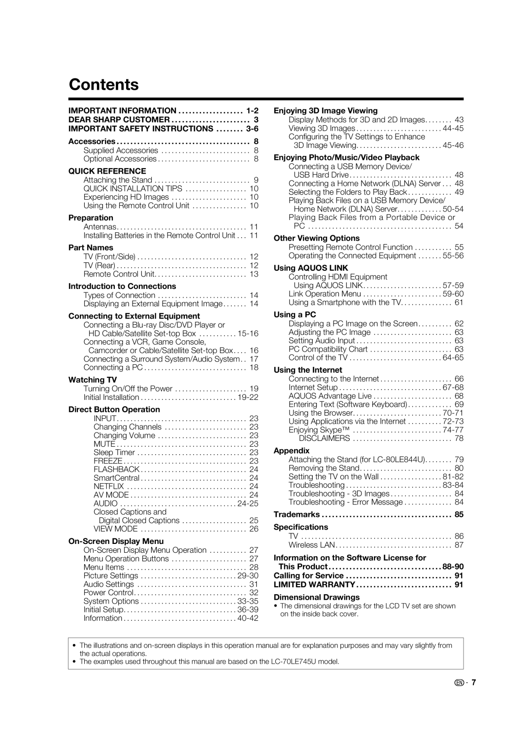 Sharp 60LE745U, 80LE844U, 70LE745U, 70LE847U, 60LE847U operation manual Contents 