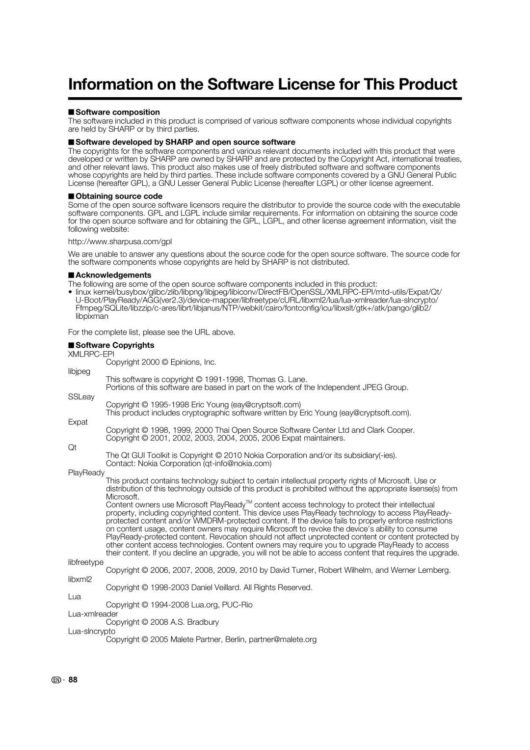 Sharp 80LE844U, 70LE745U, 70LE847U, 60LE847U, 60LE745U operation manual Information on the Software License for This Product 