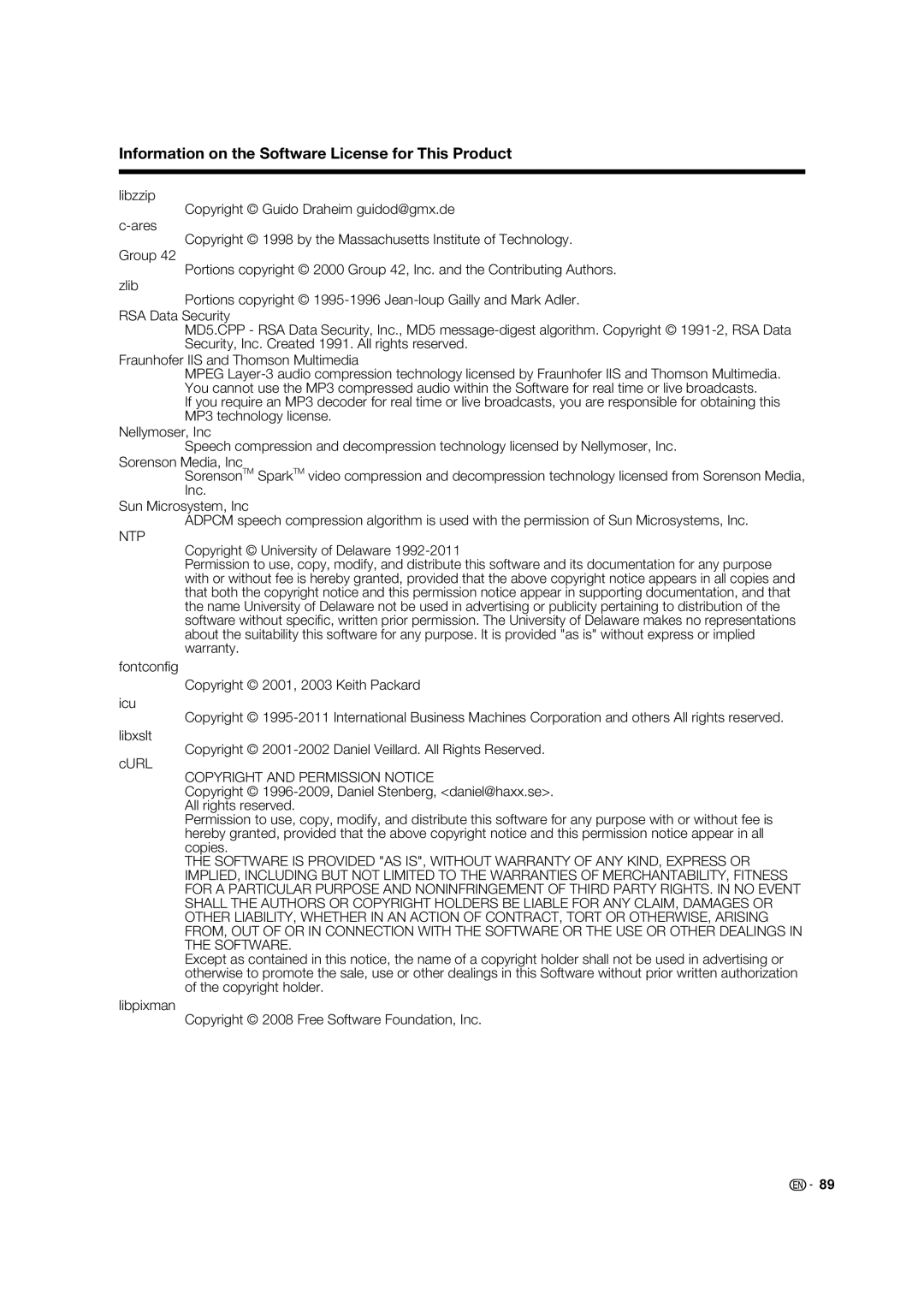 Sharp 70LE745U, 80LE844U, 70LE847U, 60LE847U, 60LE745U Information on the Software License for This Product, Ntp 