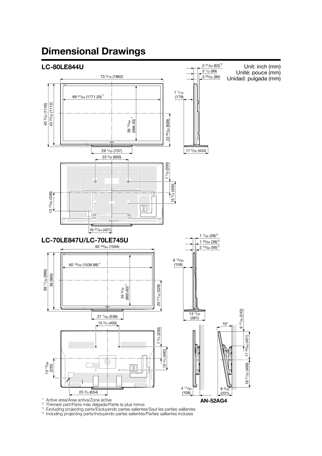 Sharp 80LE844U, 70LE745U, 70LE847U, 60LE847U, 60LE745U Dimensional Drawings, AN-52AG4, Active area/Área activa/Zone active 