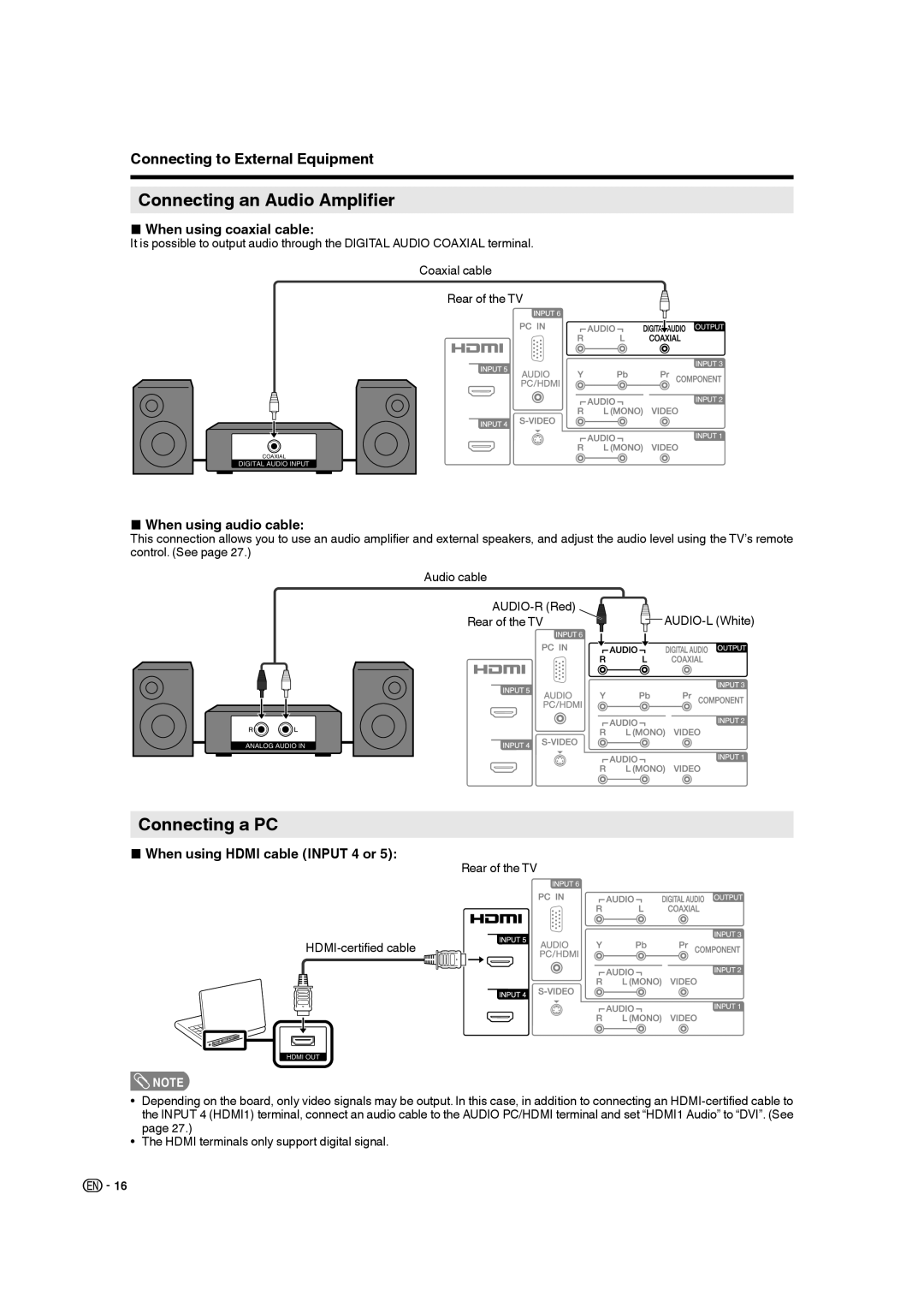 Sharp 9JDJ3BX0131A Connecting an Audio Amplifier, Connecting a PC, When using coaxial cable, When using audio cable 