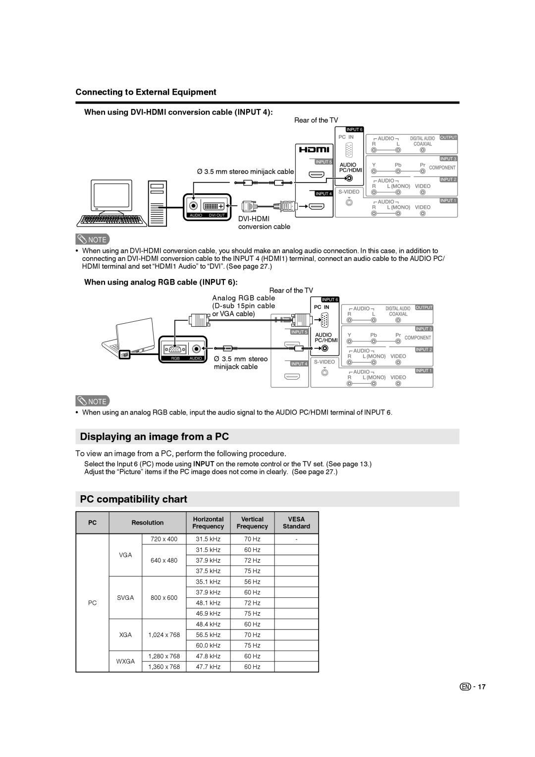 Sharp 9JDJ3BX0131A Displaying an image from a PC, PC compatibility chart, When using analog RGB cable Input 