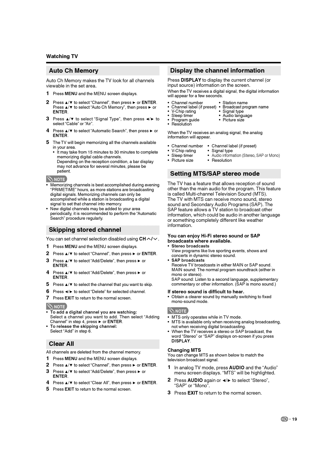 Sharp 9JDJ3BX0131A operation manual Auto Ch Memory, Skipping stored channel, Clear All, Display the channel information 