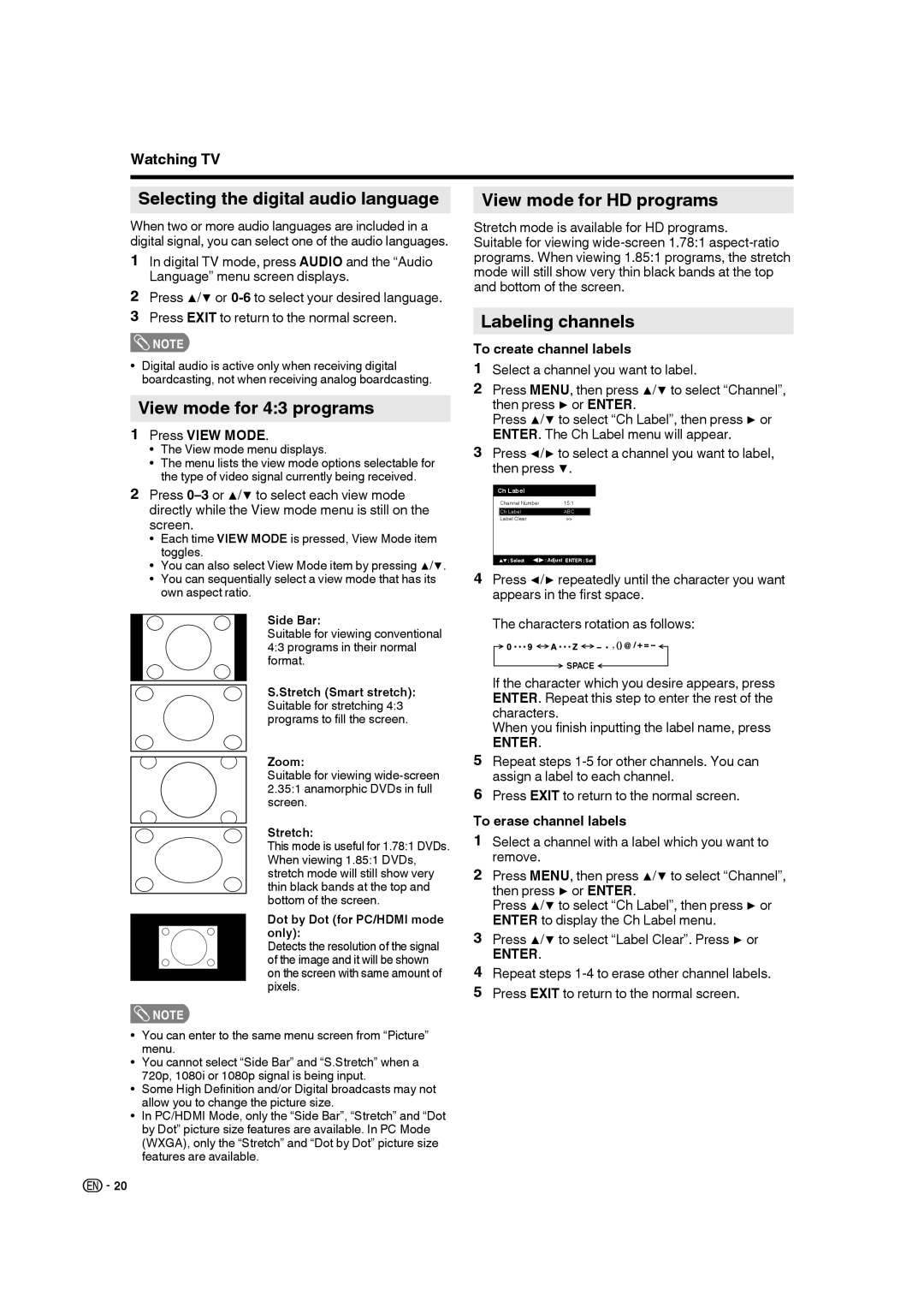 Sharp 9JDJ3BX0131A Selecting the digital audio language, View mode for 43 programs, View mode for HD programs 