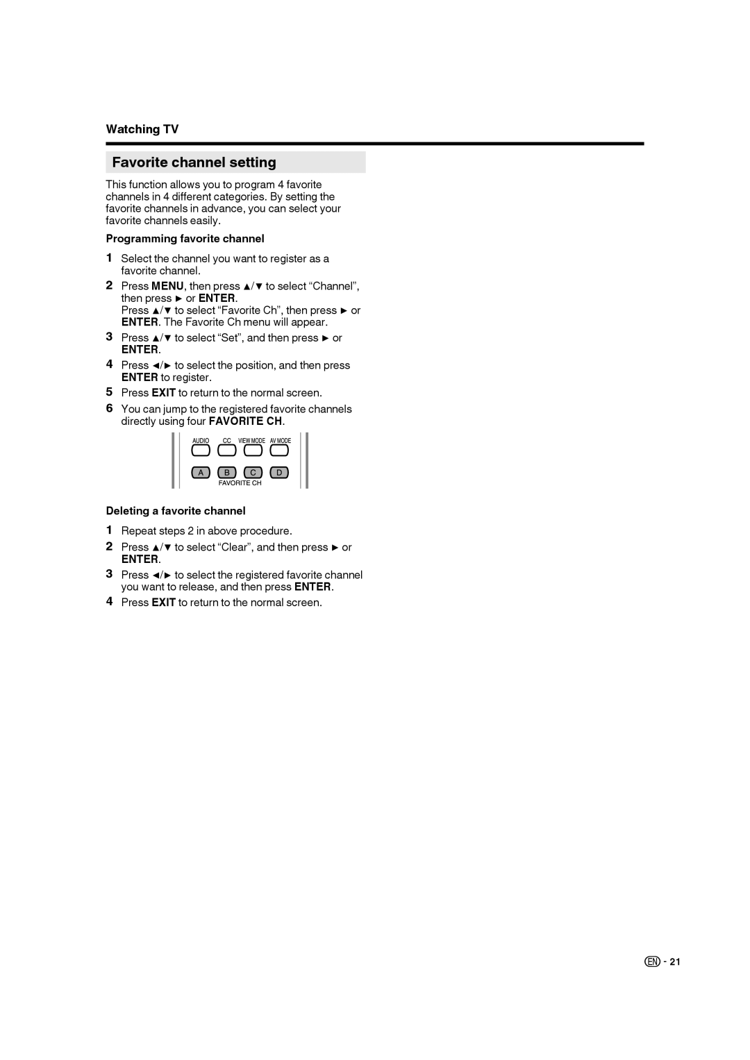 Sharp 9JDJ3BX0131A operation manual Favorite channel setting, Programming favorite channel, Deleting a favorite channel 