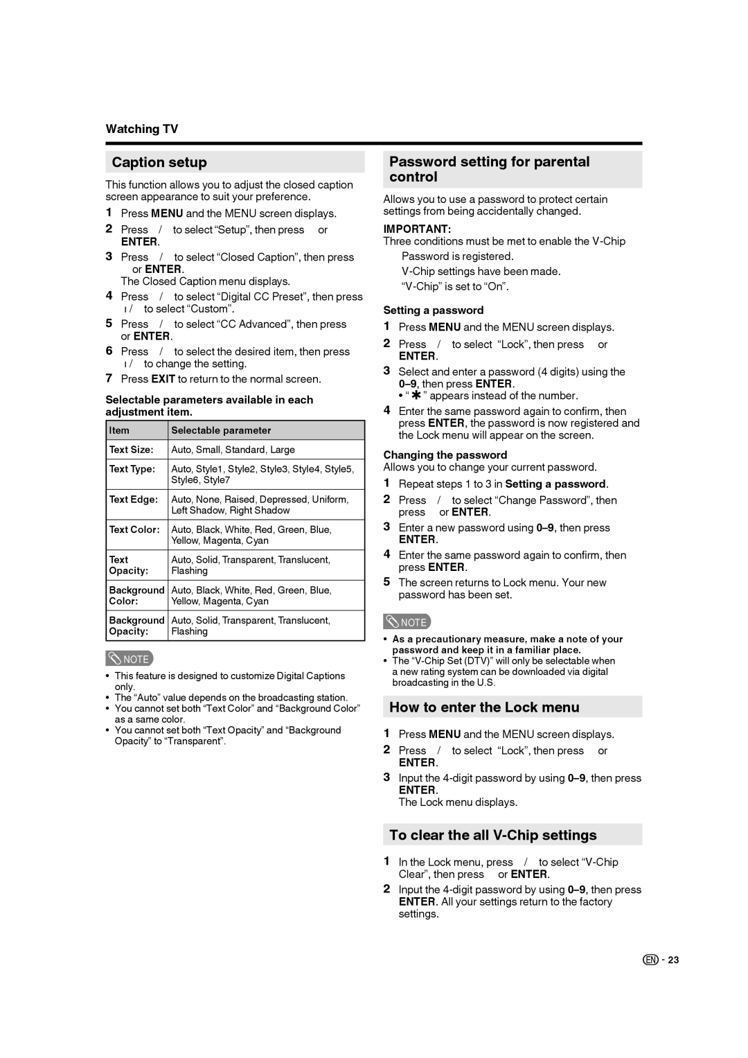 Sharp 9JDJ3BX0131A operation manual Caption setup, Password setting for parental control, How to enter the Lock menu 