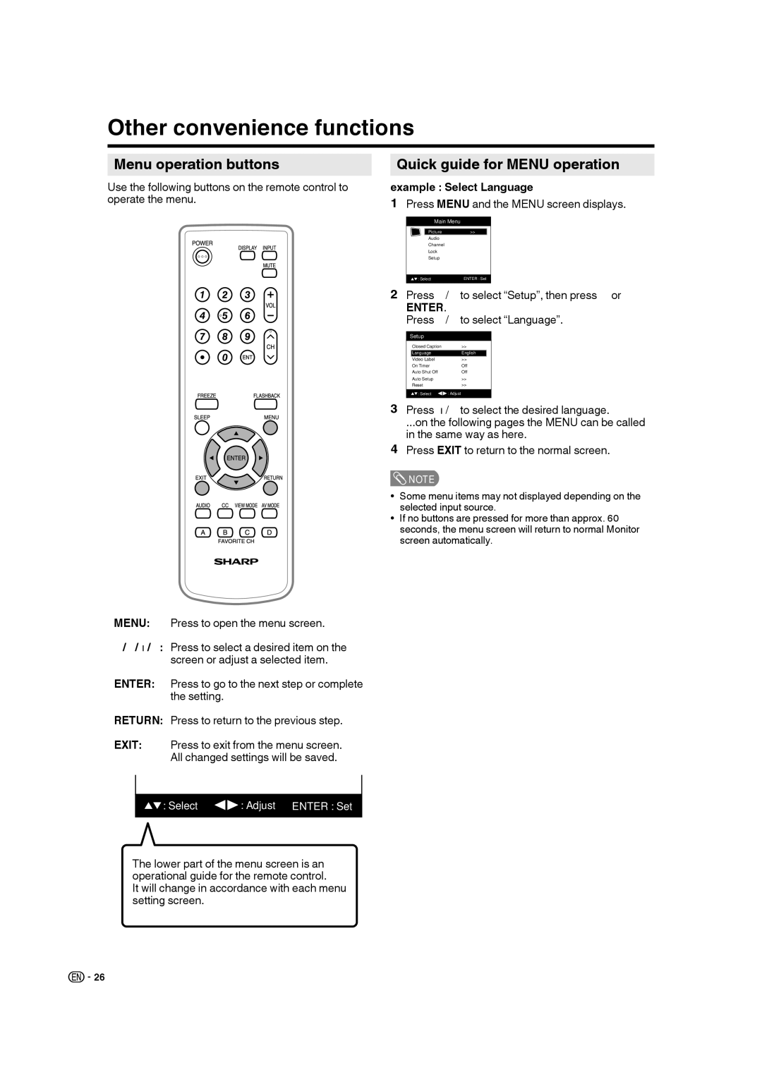 Sharp 9JDJ3BX0131A operation manual Other convenience functions, Menu operation buttons, Quick guide for Menu operation 