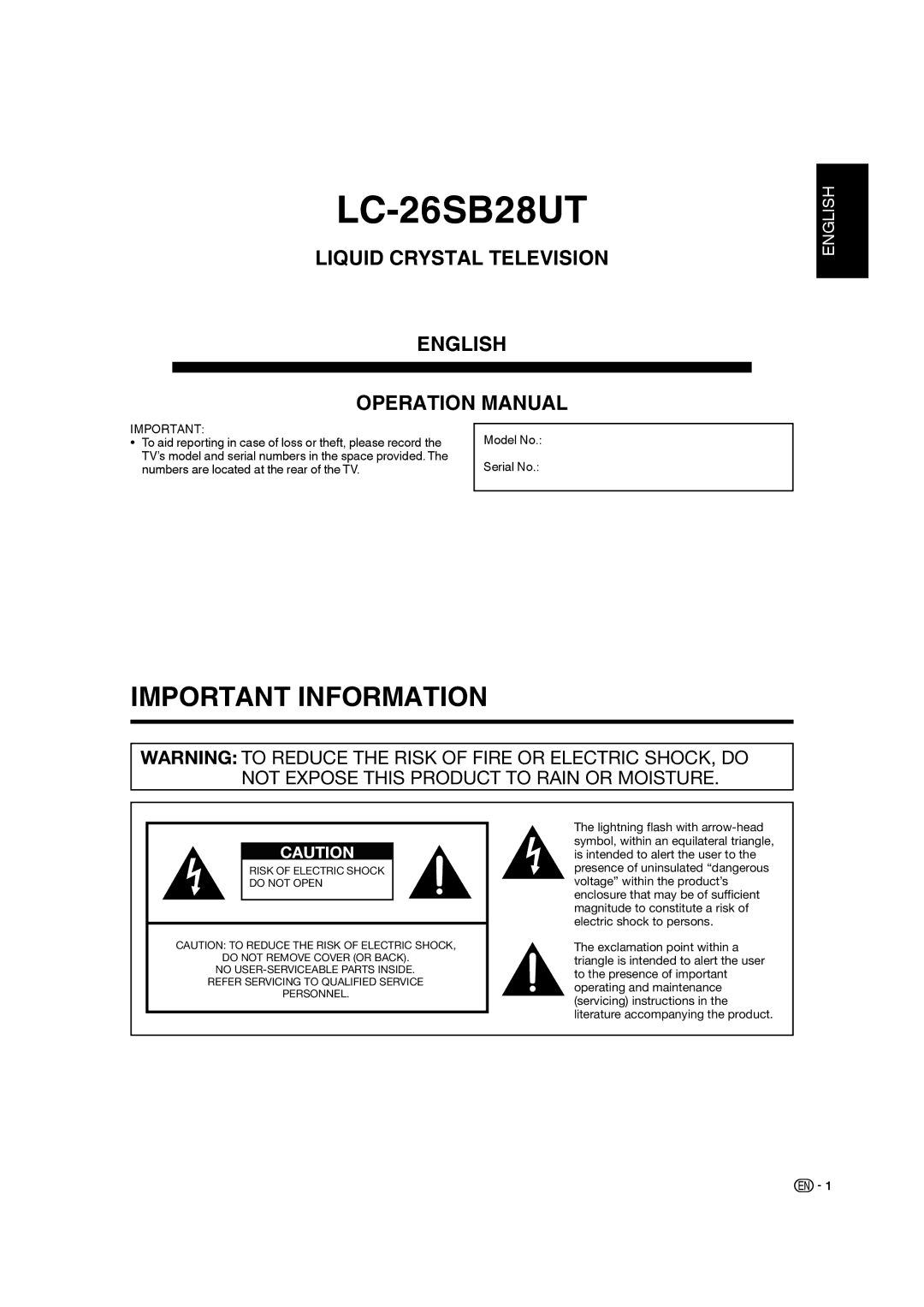 Sharp 9JDJ3BX0131A operation manual LC-26SB28UT 