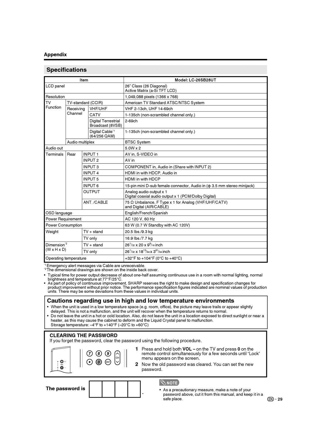 Sharp 9JDJ3BX0131A operation manual Specifications, Model LC-26SB28UT 