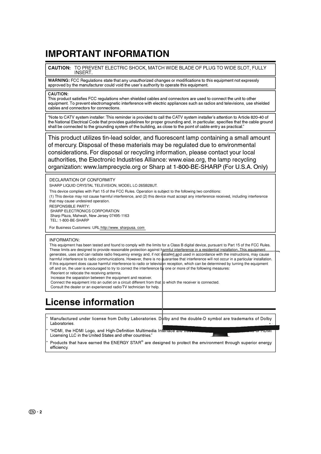 Sharp 9JDJ3BX0131A operation manual License information, Declaration of Conformity, Information 