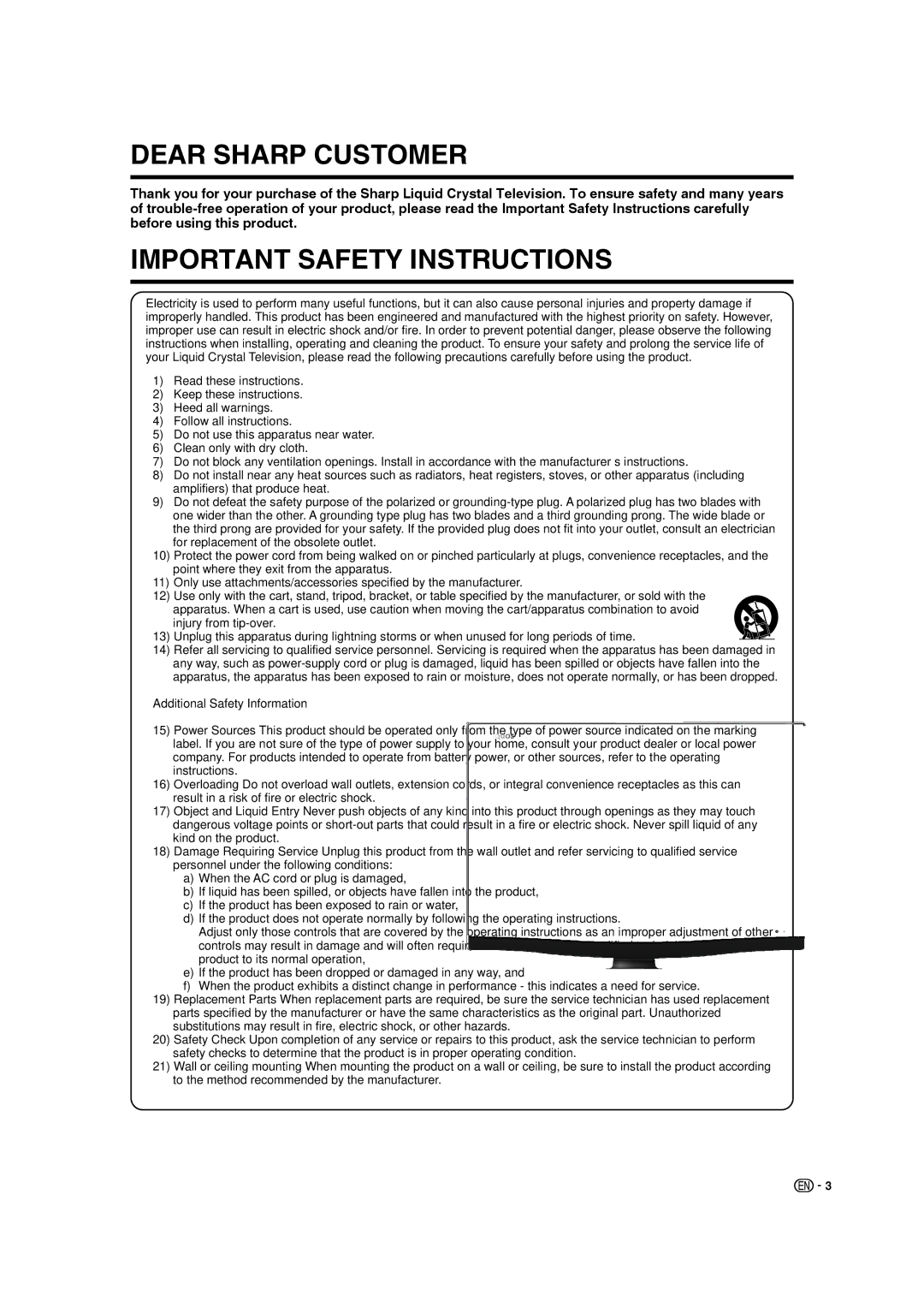 Sharp 9JDJ3BX0131A operation manual Dear Sharp Customer, Additional Safety Information 