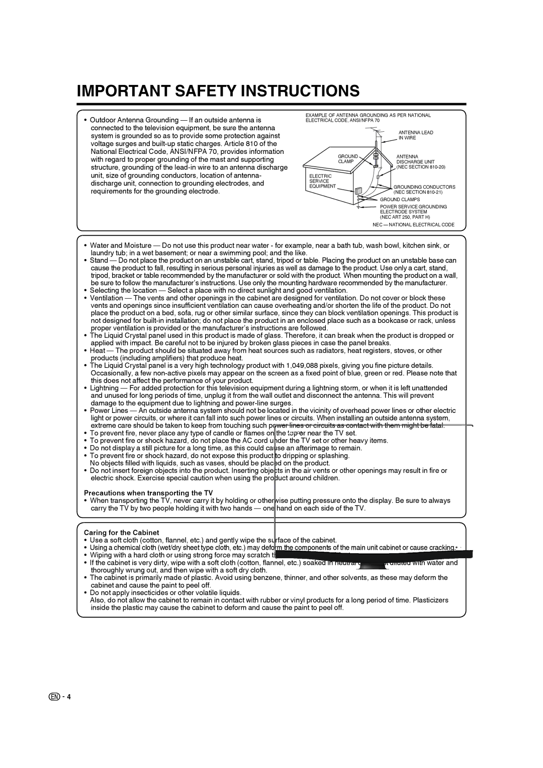 Sharp 9JDJ3BX0131A operation manual Precautions when transporting the TV, Caring for the Cabinet 