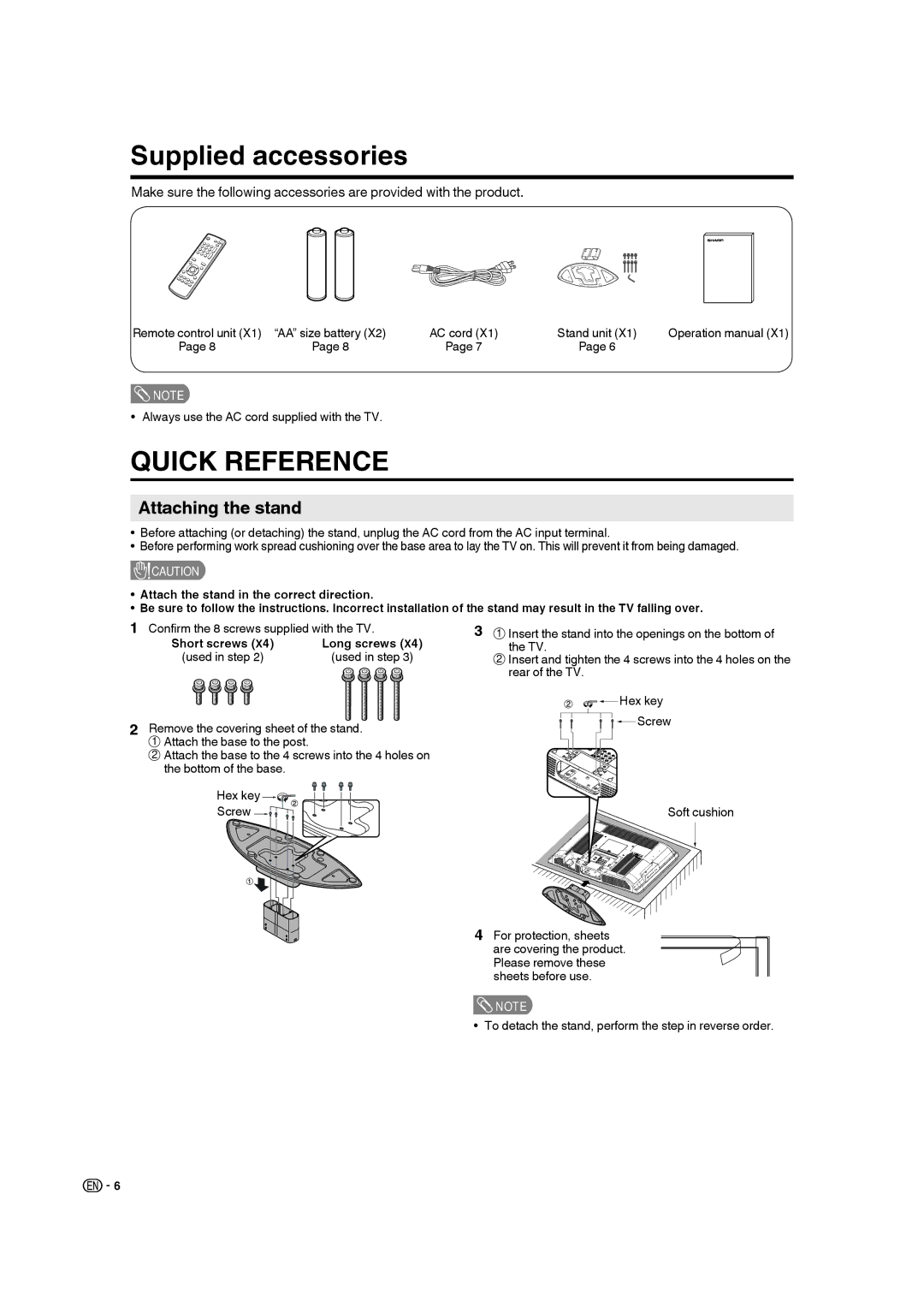 Sharp 9JDJ3BX0131A operation manual Supplied accessories, Attaching the stand, Short screws Long screws Used in step 