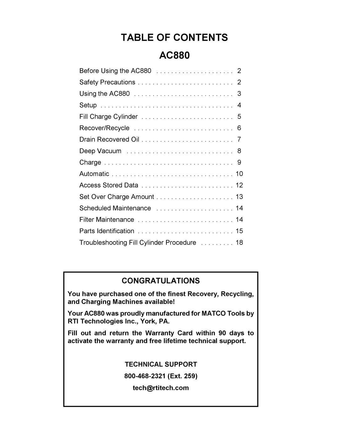 Sharp AC880 system manual Table of Contents 