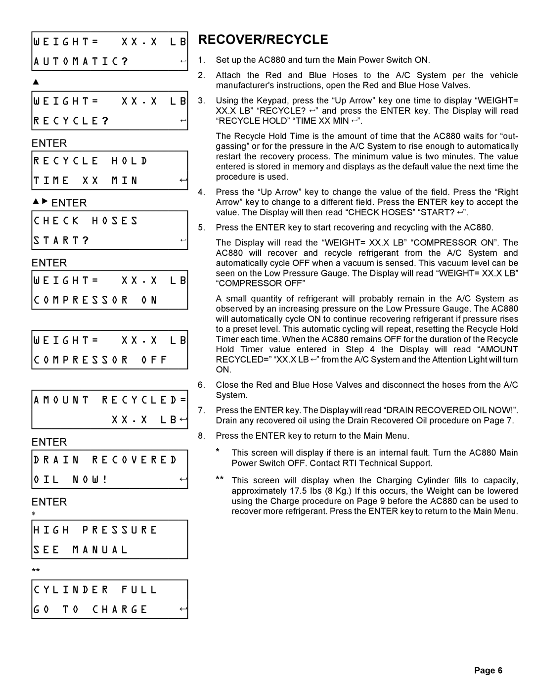 Sharp AC880 system manual Recover/Recycle, S E S 