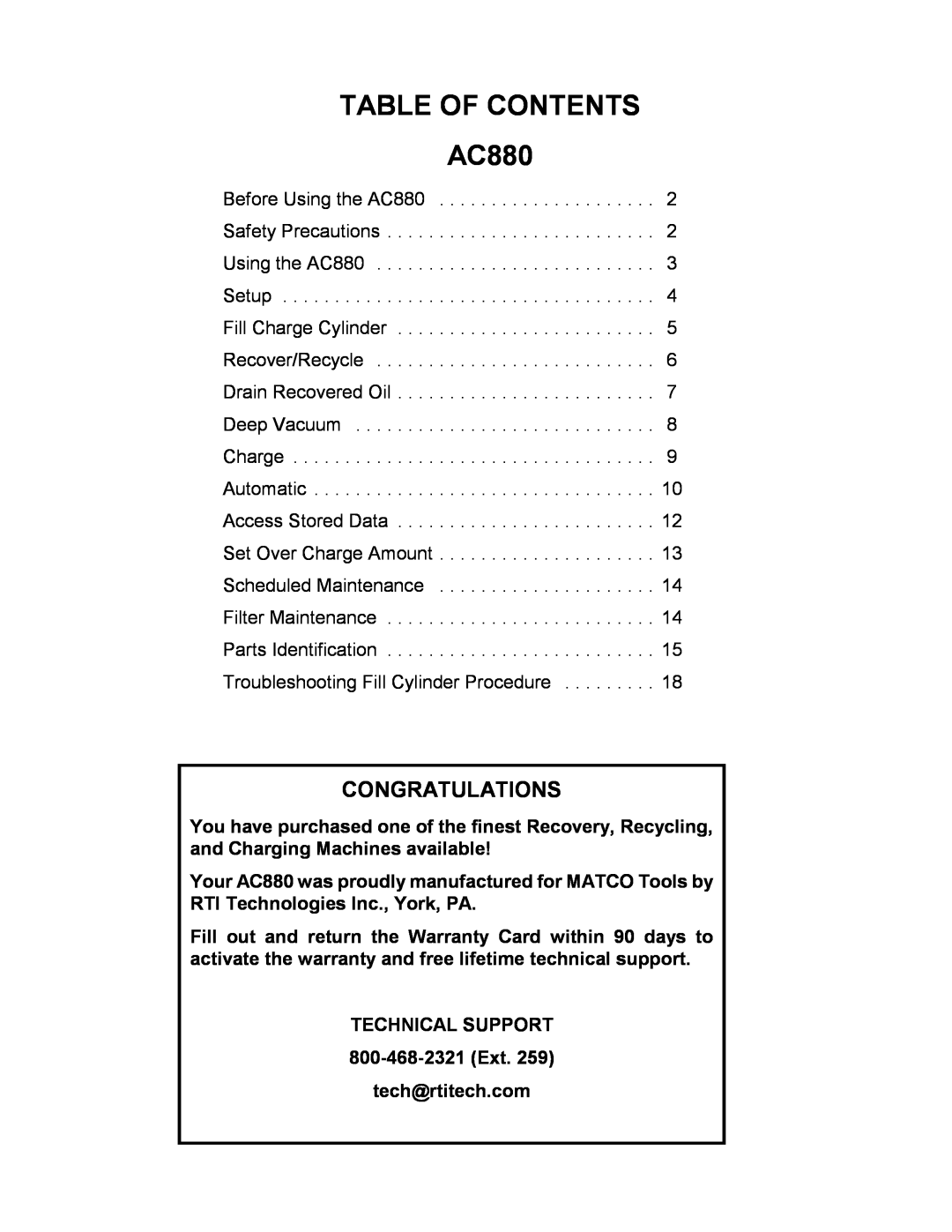 Sharp system manual TABLE OF CONTENTS AC880, Congratulations 