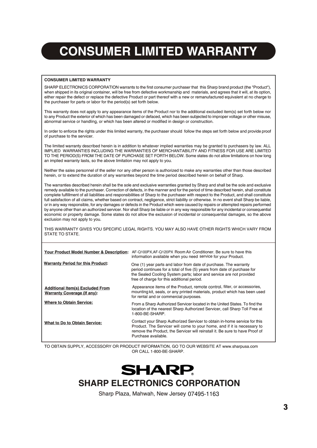 Sharp AF-Q100PX, AF-Q120PX manual 07495-1163 