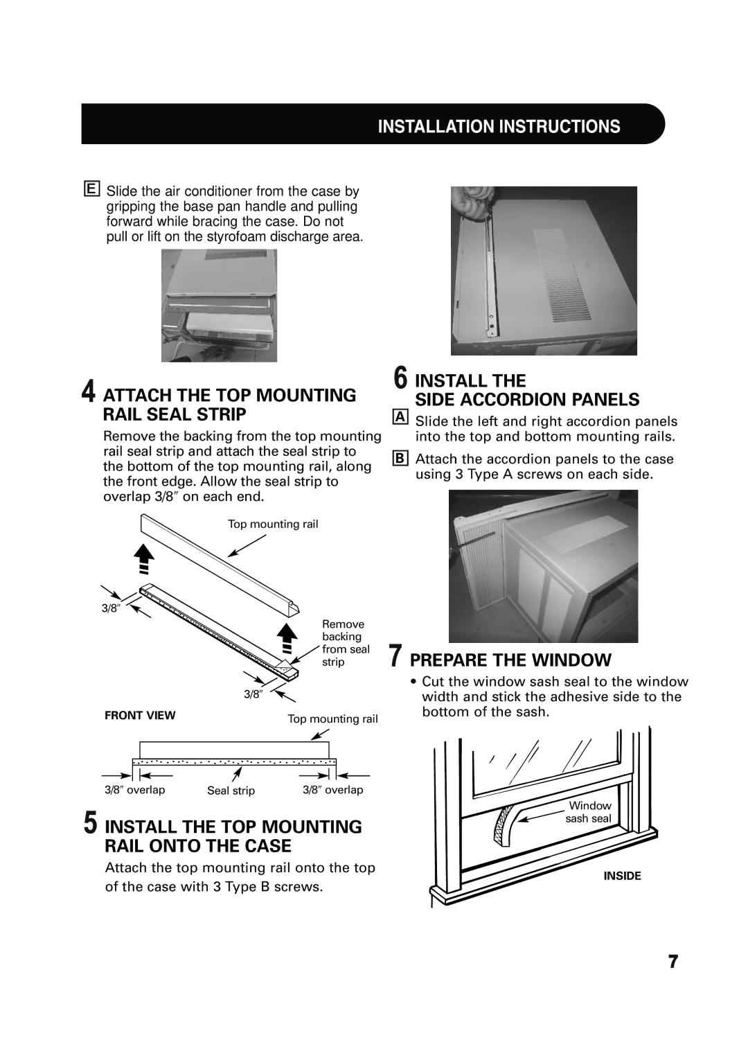 Sharp AF-Q100PX, AF-Q120PX manual Attach the TOP Mounting Rail Seal Strip, Install Side Accordion Panels, Prepare the Window 