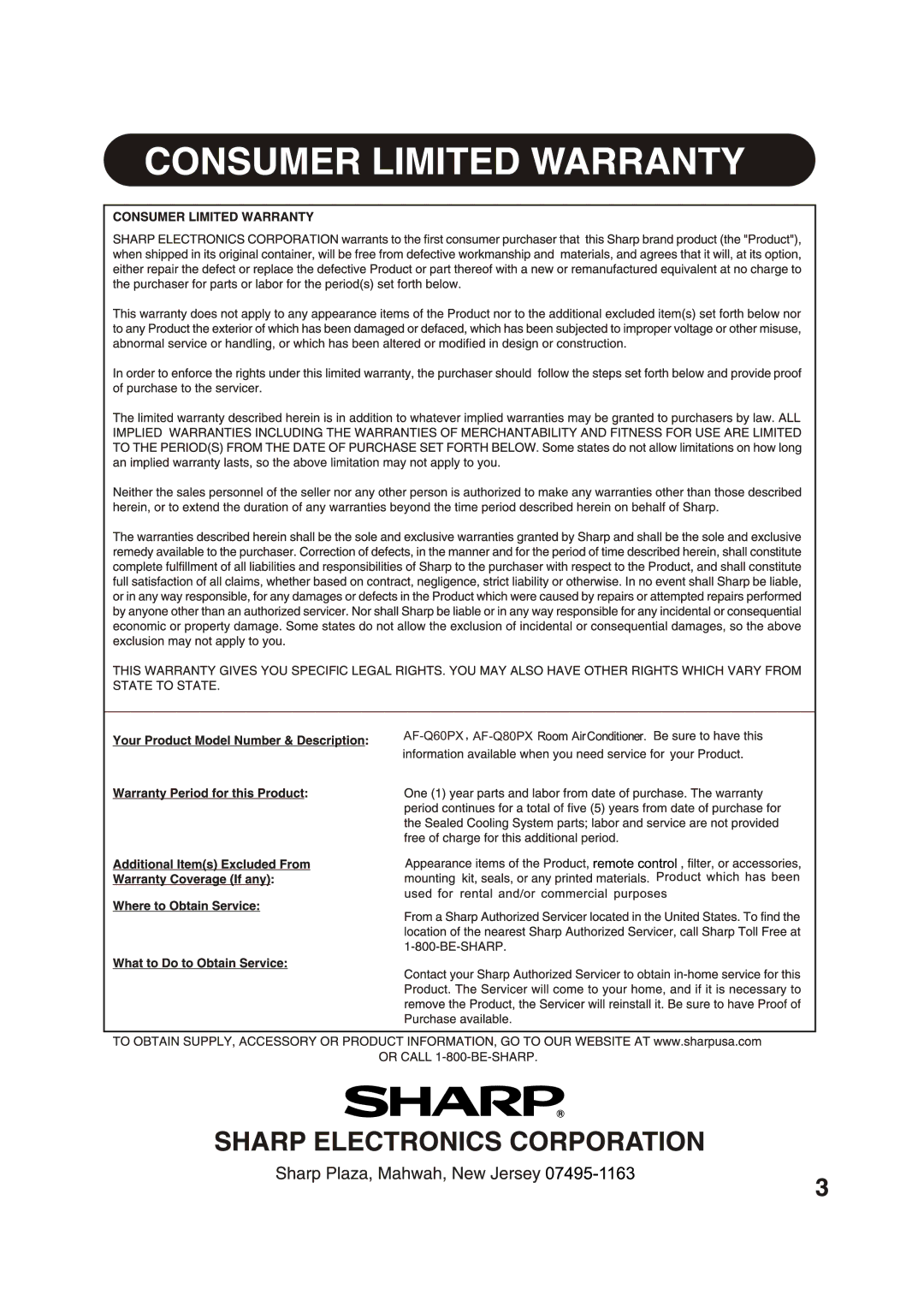 Sharp manual AF-Q60PX AF-Q80PX 