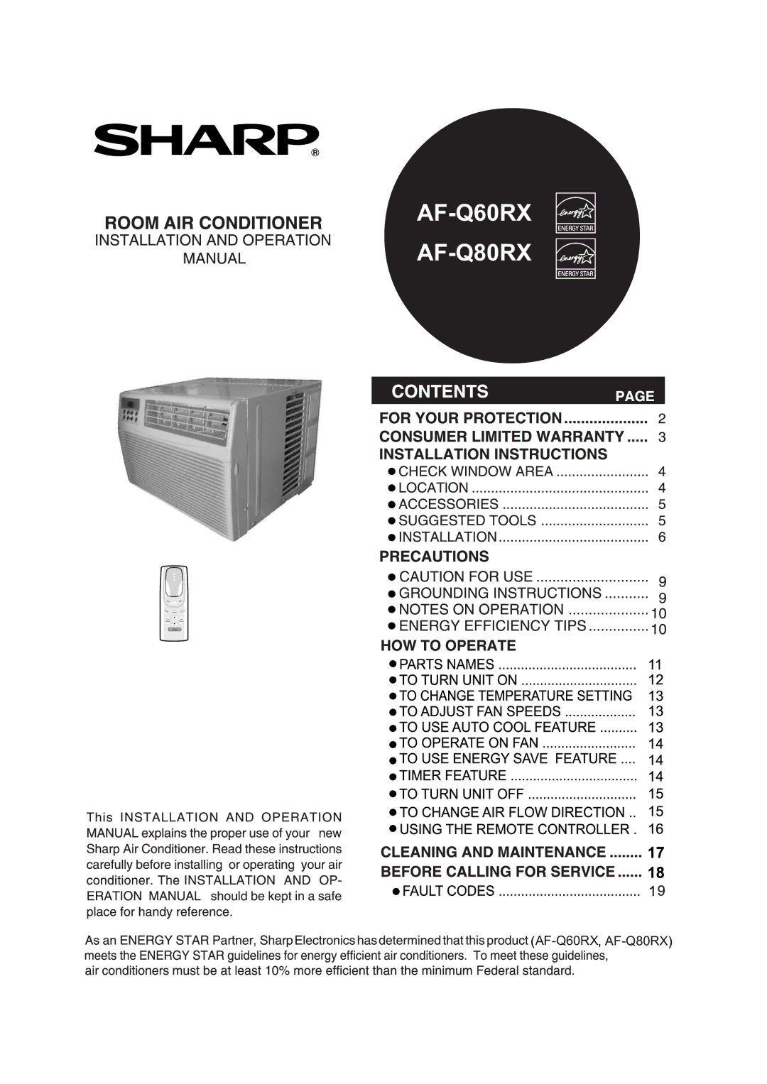 Sharp 66129902992 manual AF-Q60RX AF-Q80RX 