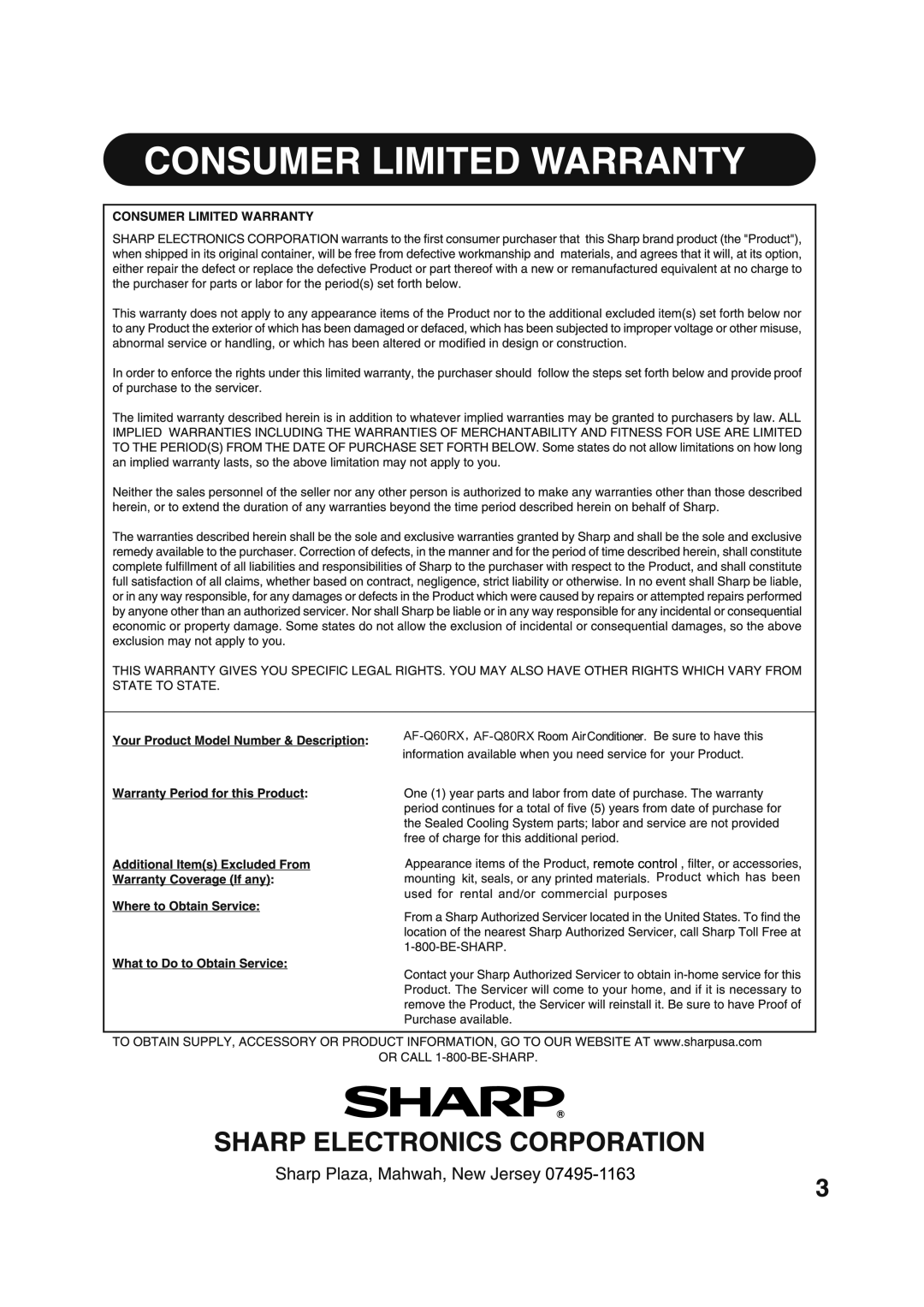 Sharp 66129902992 manual AF-Q60RX AF-Q80RX 