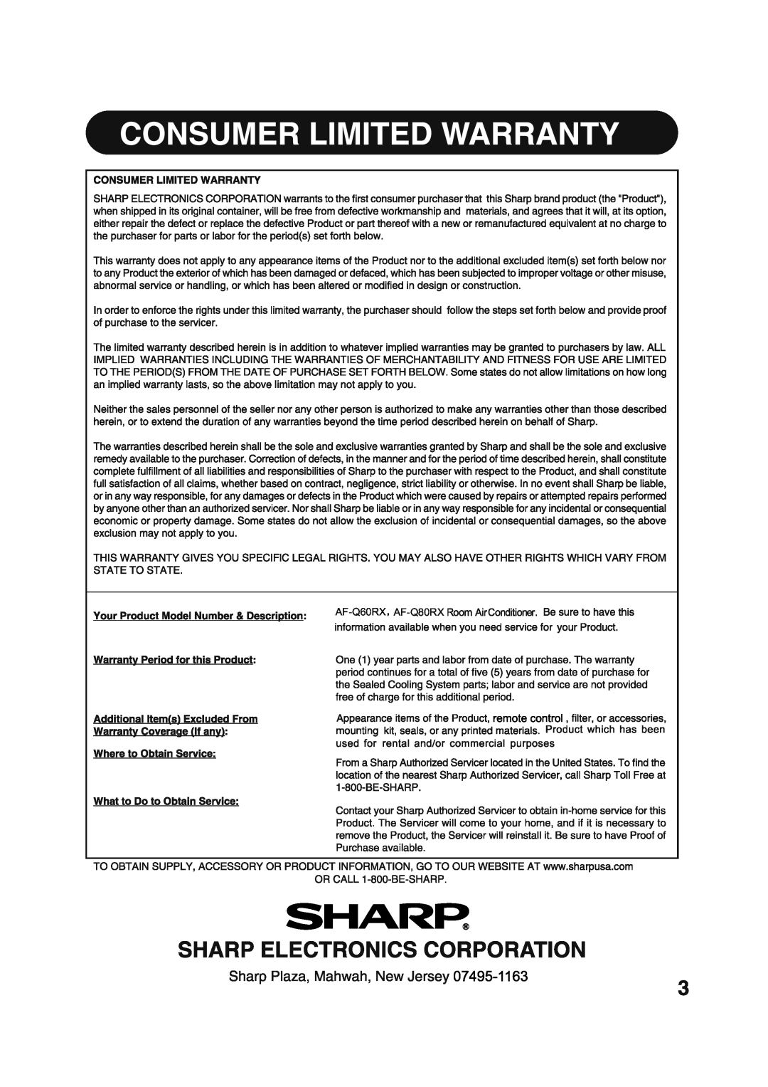 Sharp 66129902992 manual AF-Q60RX AF-Q80RX 