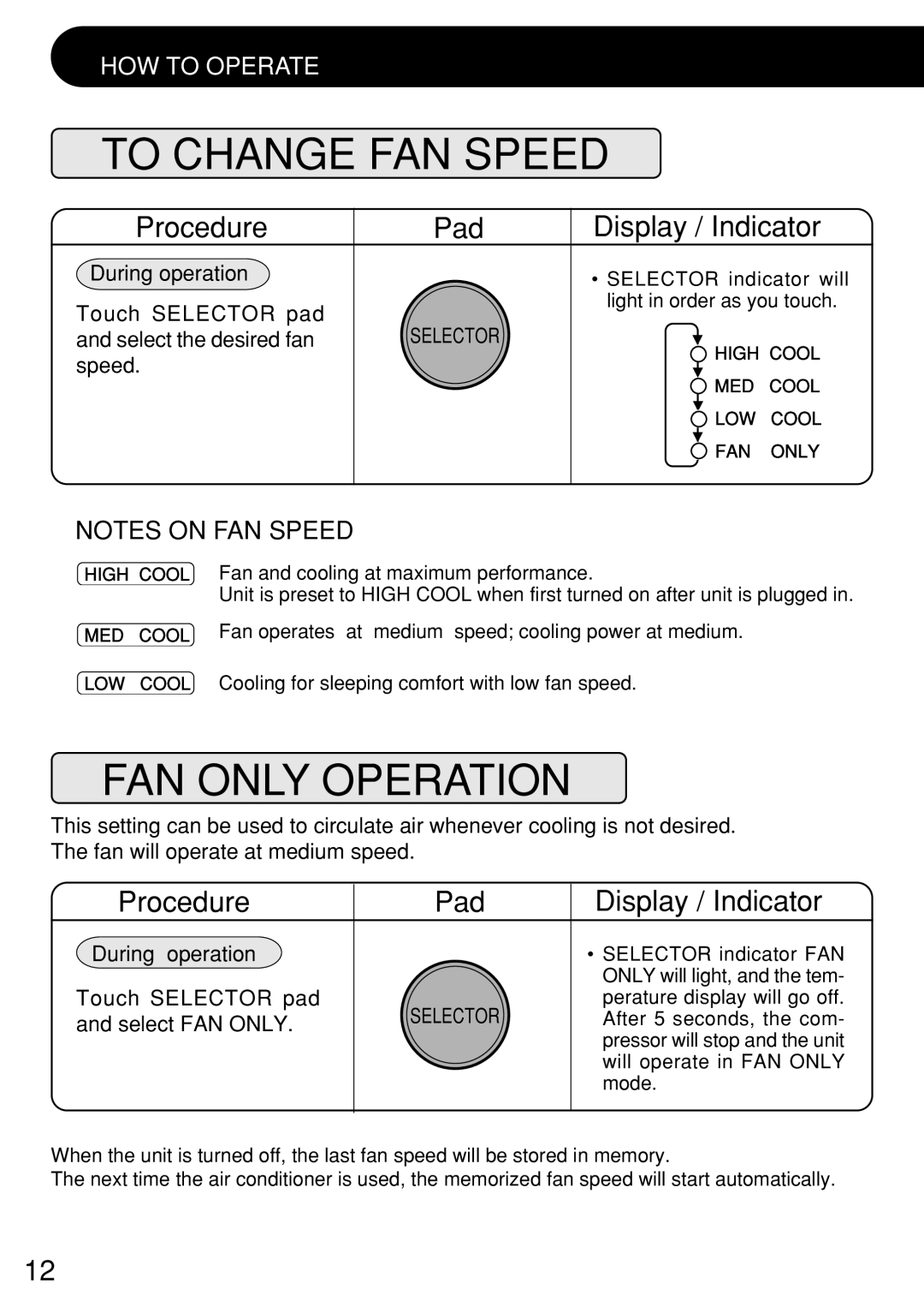 Sharp AF-R100CX, AF-R140CX, AF-R120CX operation manual To Change FAN Speed, FAN only Operation 