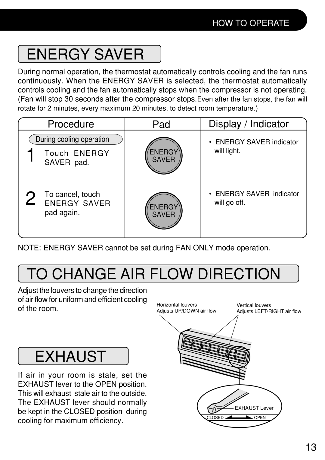 Sharp AF-R140CX, AF-R100CX, AF-R120CX operation manual Energy Saver, To Change AIR Flow Direction, Exhaust 