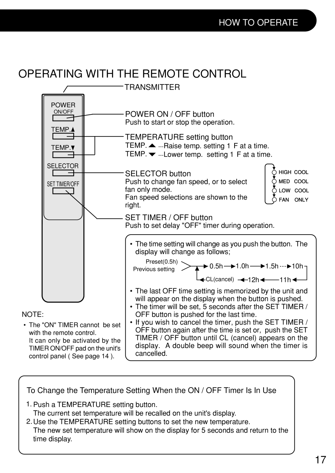 Sharp AF-R120CX Transmitter, Power on / OFF button, Temperature setting button, Selector button, SET Timer / OFF button 